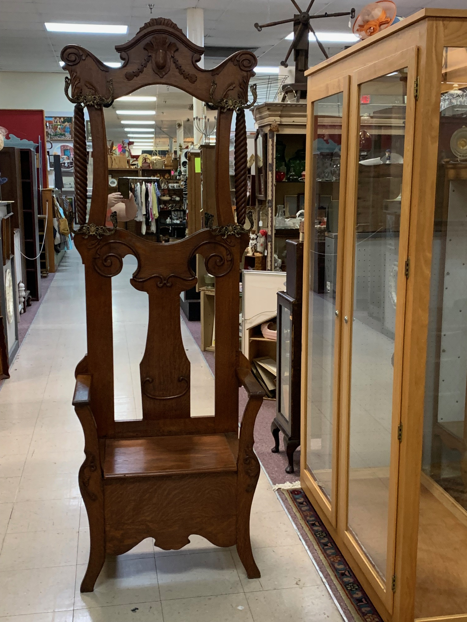 Antique Arts Crafts Tiger Oak Hall Tree With Mirror Storage