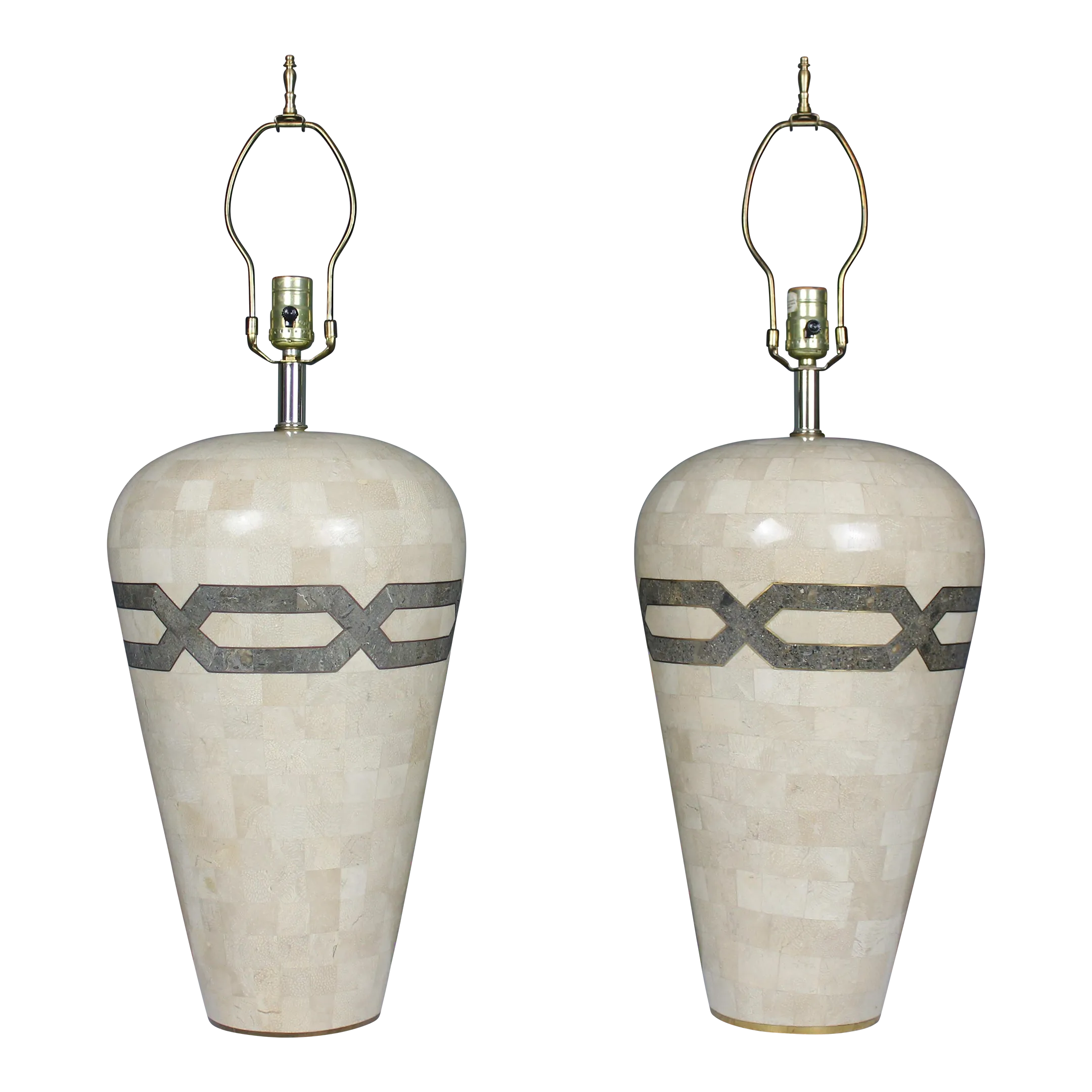 1980s Pair of Fine Art Lamps Co. Tessellated Stone Inlaid Brass Table Lamps