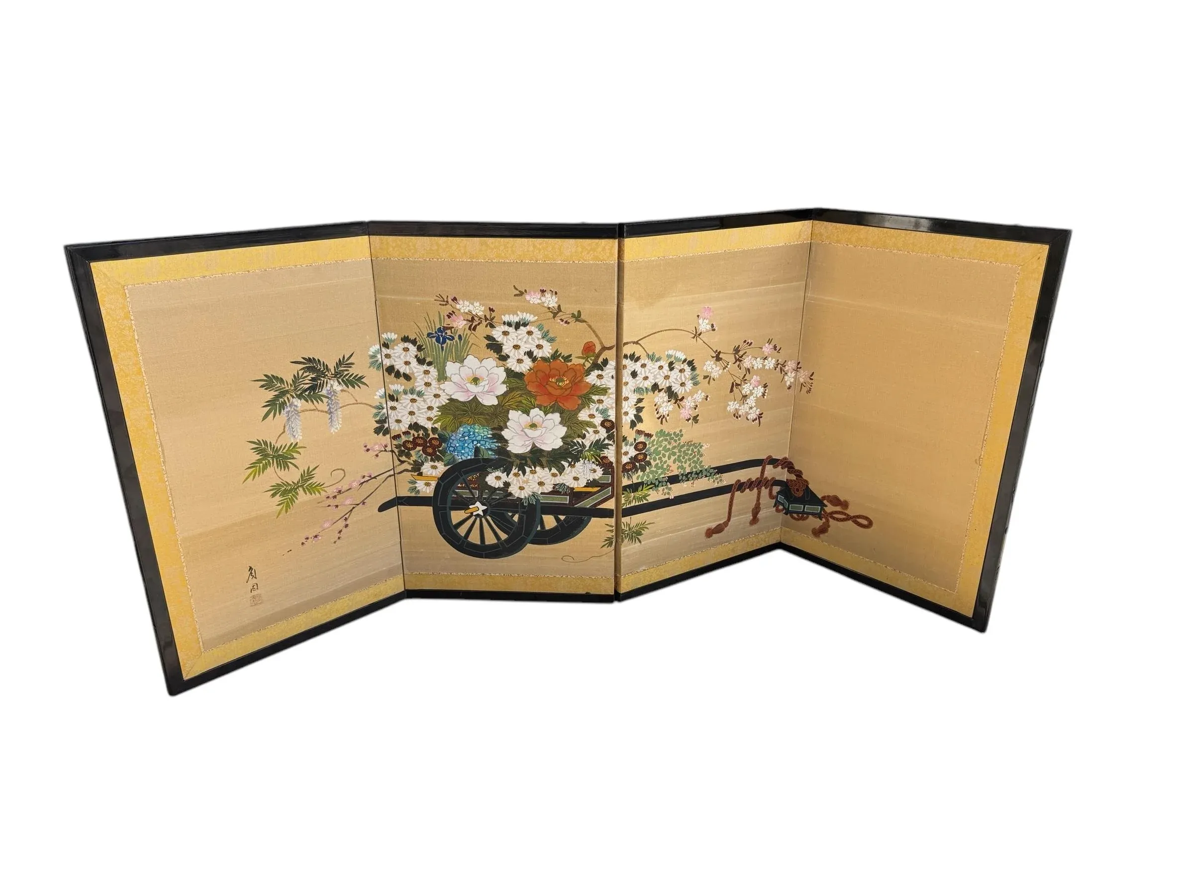 Vintage Byobu Japanese Folding Screen 4 Panel Signed Gold Silk