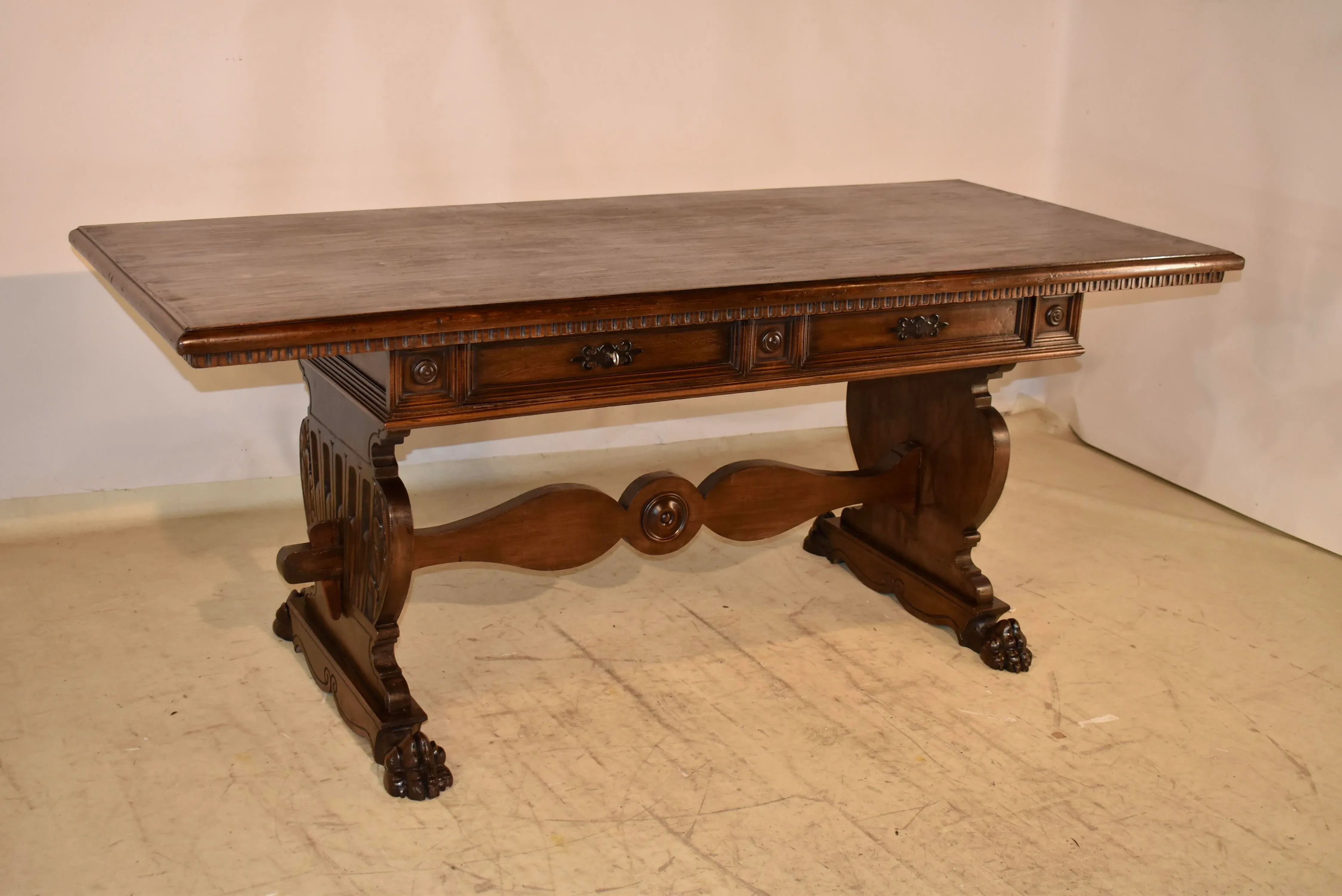 Italian Walnut Trestle Library Table, Circa 1920 | Chairish