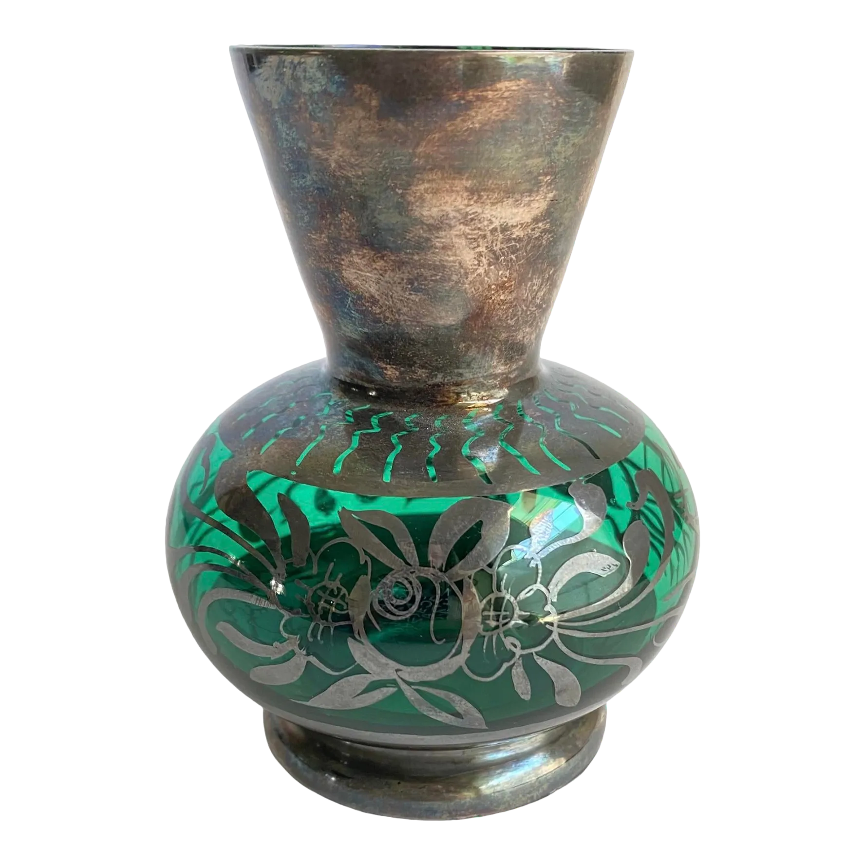 Art Nouveau Emerald Green Vase Floral Scroll Sterling Silver Overlay