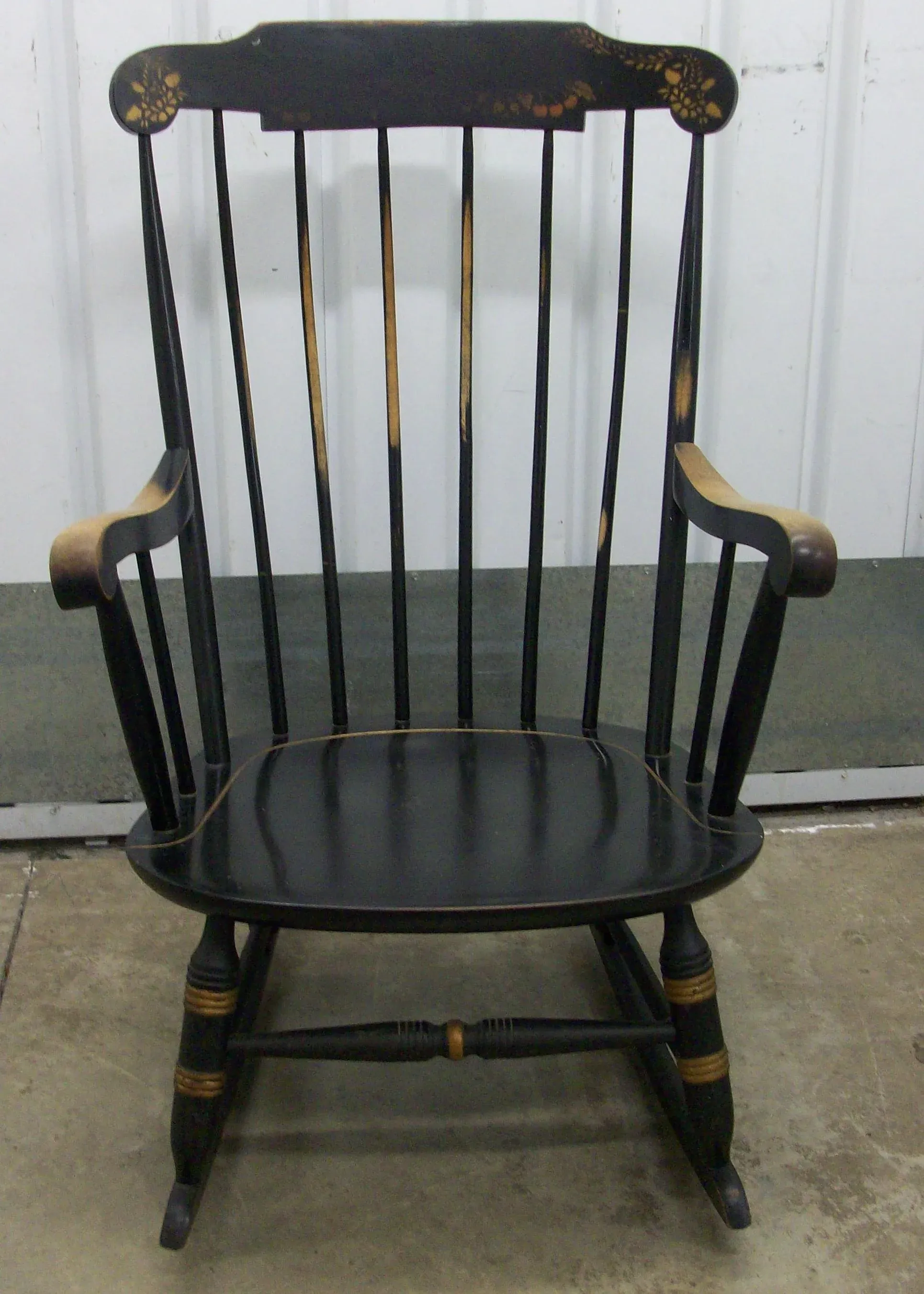 1970's Vintage Black Nichols Stone Painted Hitchcock Style Rocking Chair