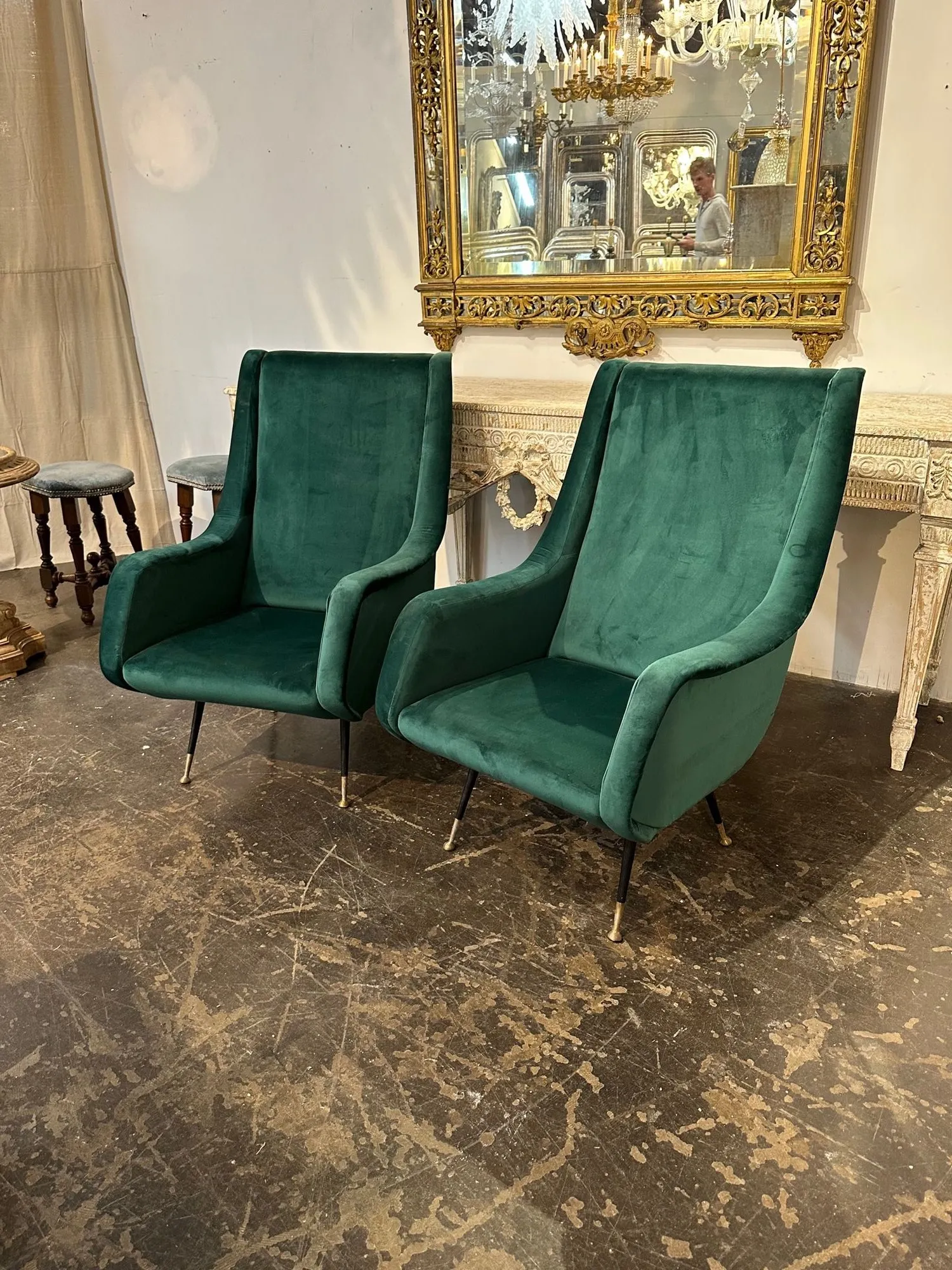 Pair of Italian Green Velvet Mid Century Modern Chairs Chairish