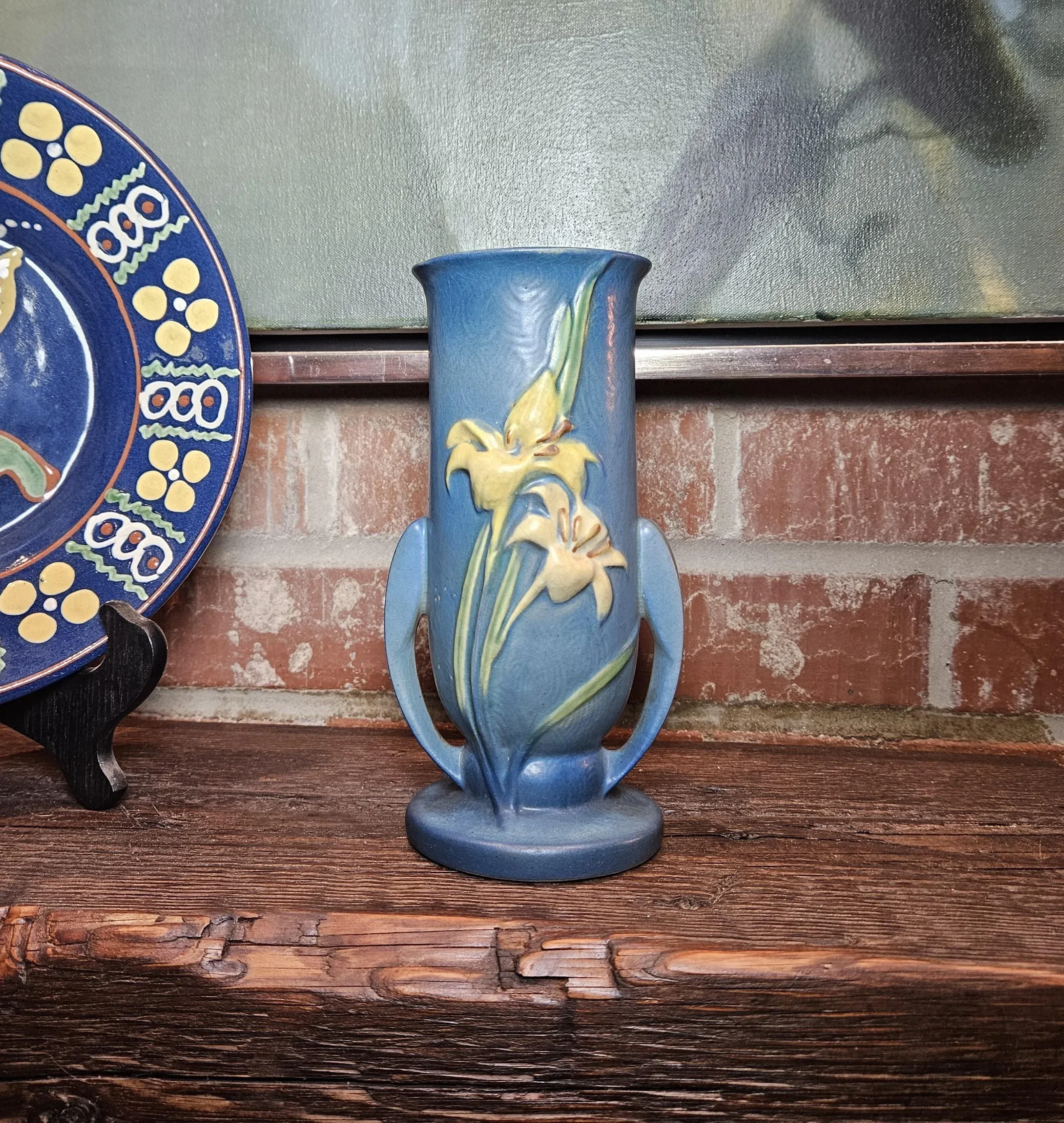 フランス製 花器 ブダブルー 1940s Roseville Bermuda Blue “Zephyr Lily”, Double Handled Vase