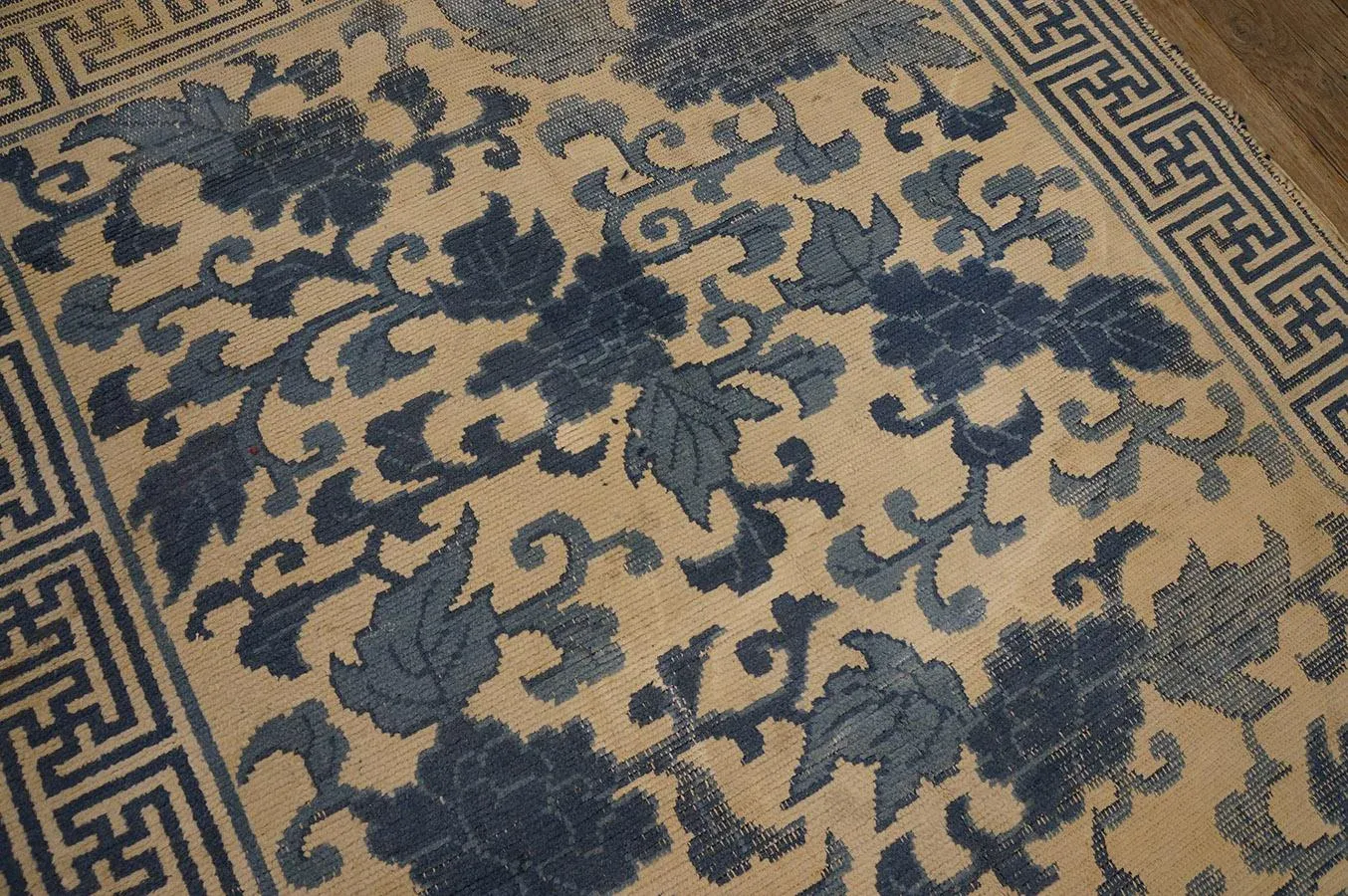 Lovely Tan Beige and Blue Cerulean Color With Florid Design Antique Japanese Rug