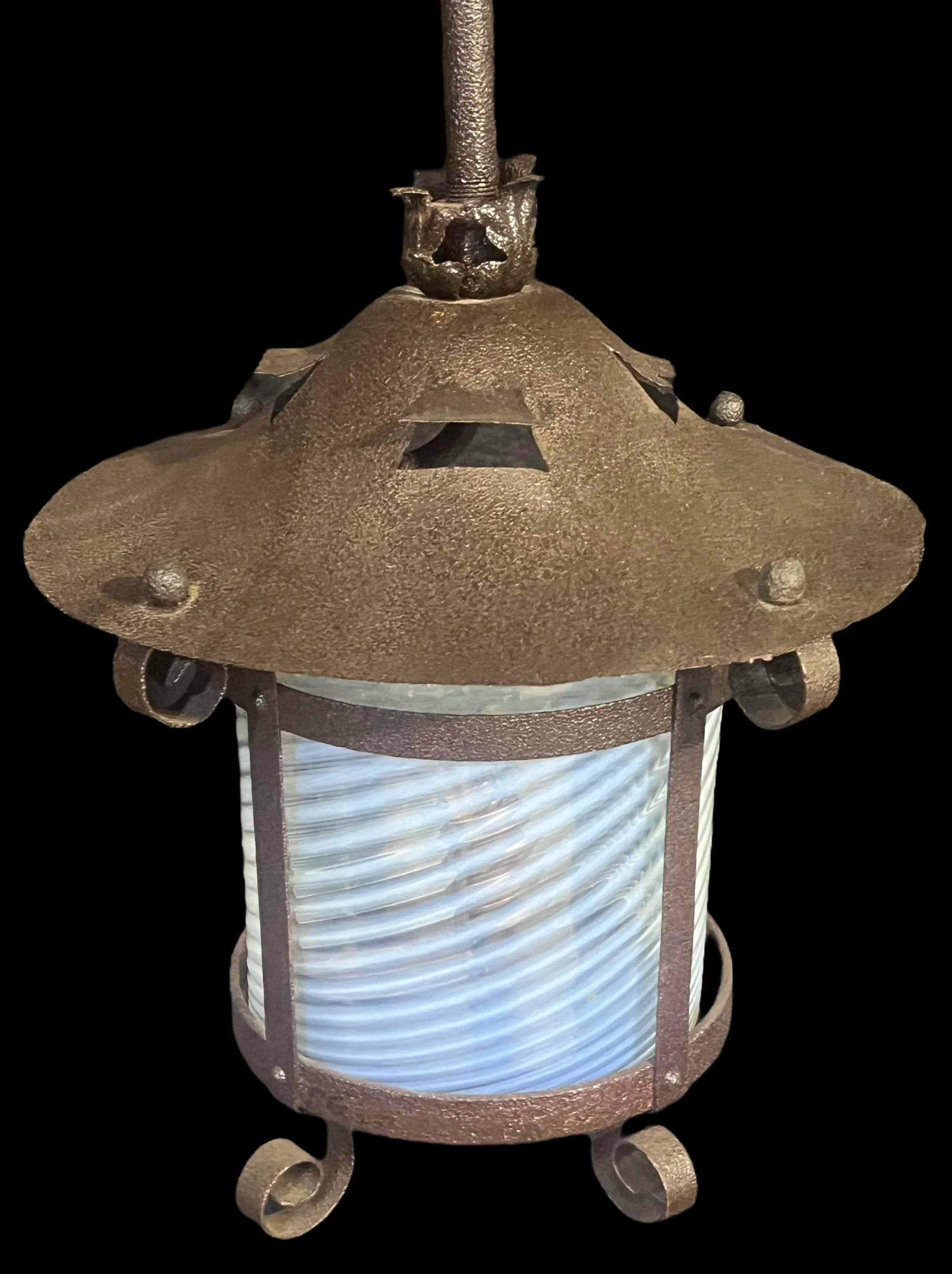 Late 19th Century Dark Cast Iron Pendant Light With Light Blue Shade