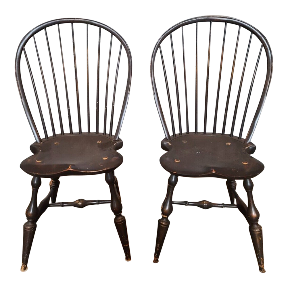 D.r. Dimes Bow Back Windsor Chairs Bench Made Black Crackle Finish a