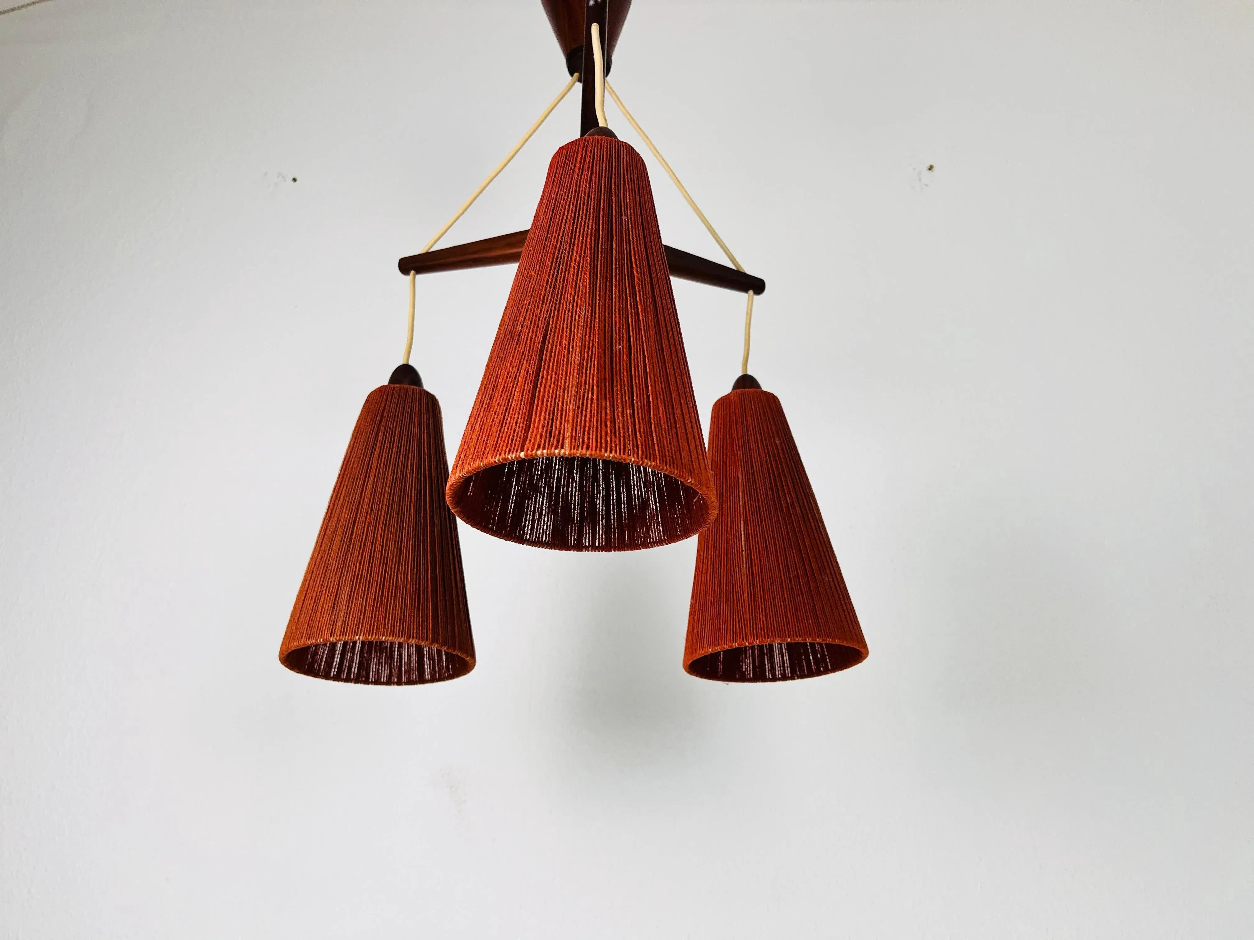 Midcentury Teak and Cord Shade Hanging Lamp by Temde, circa 1960