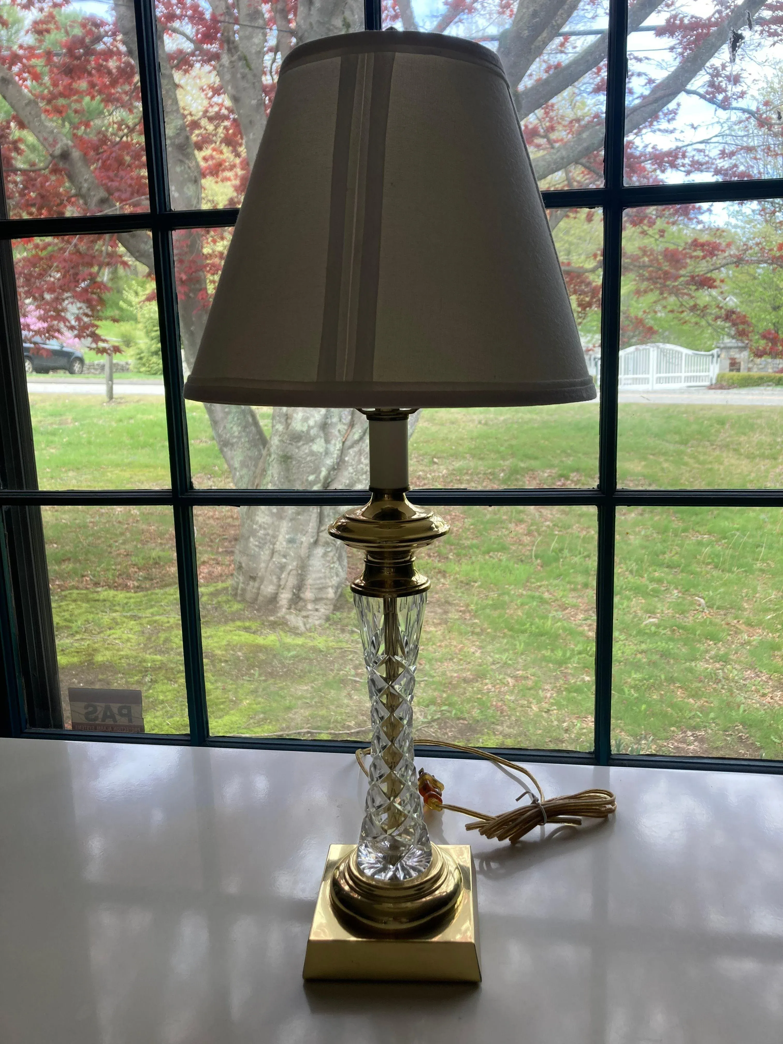 Vintage Leviton Cut Crystal & Brass Table Lamp With Shade