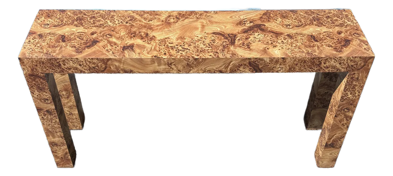 1970s Mid Century Modern Burl Laminate Parsons Console Table