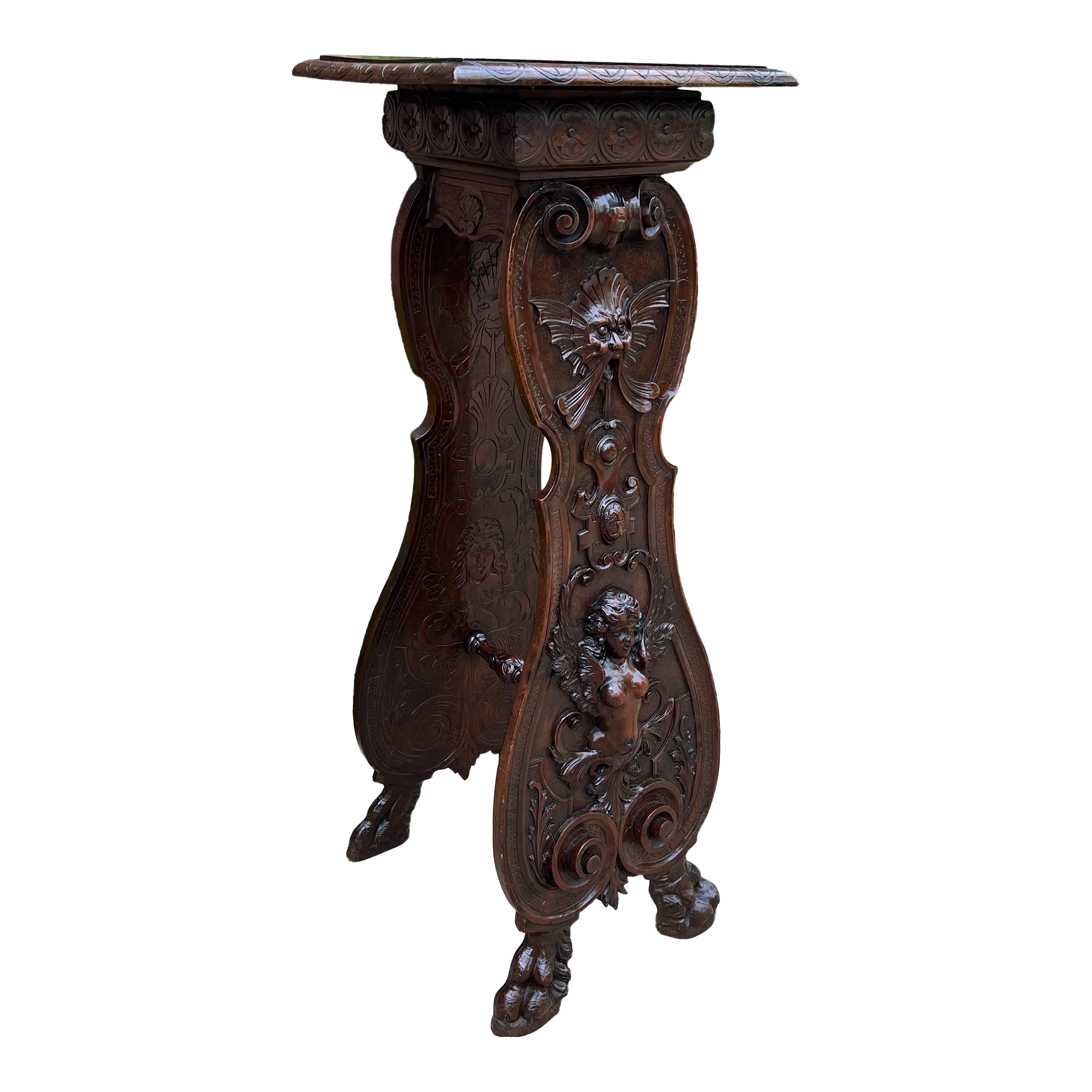 Antique French Pedestal Plant Stand Display Table Carved Oak 49.5