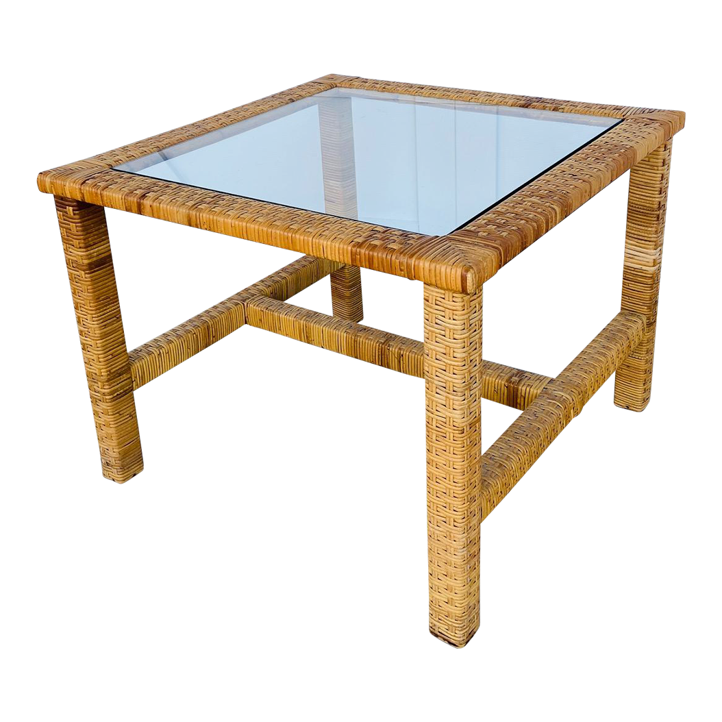 1980’s Rattan Basket Weave Side Table Chairish