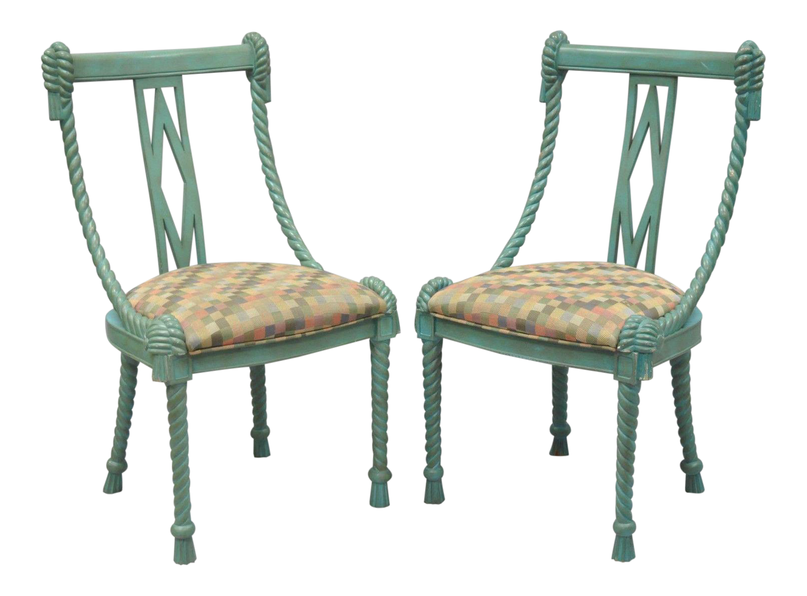 Pair Andre Originals Carved Wood Rope Tassel Italian Blue Dining Desk