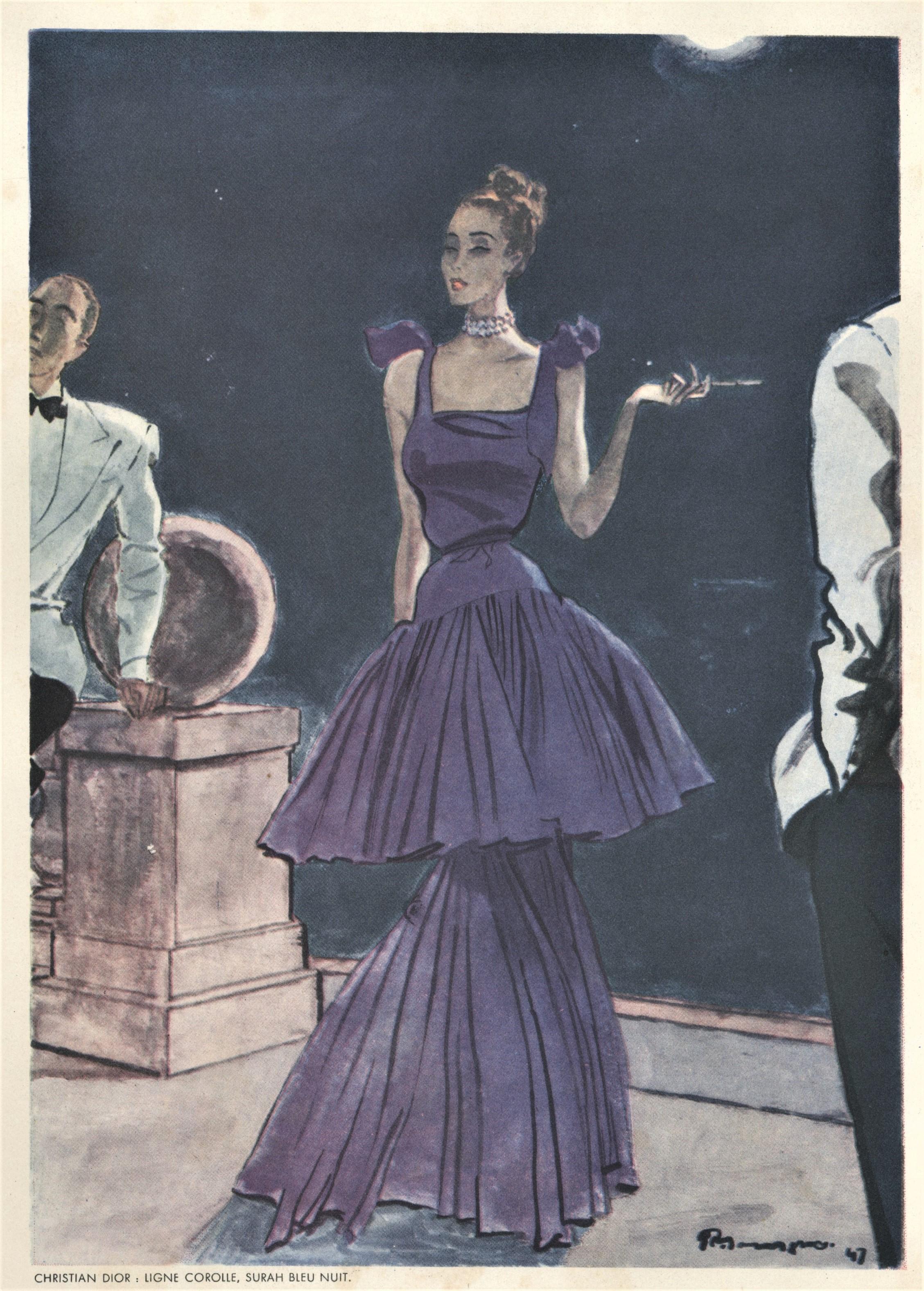 1947 French Christian Dior Fashion Print- Evening Dress Design, Matted