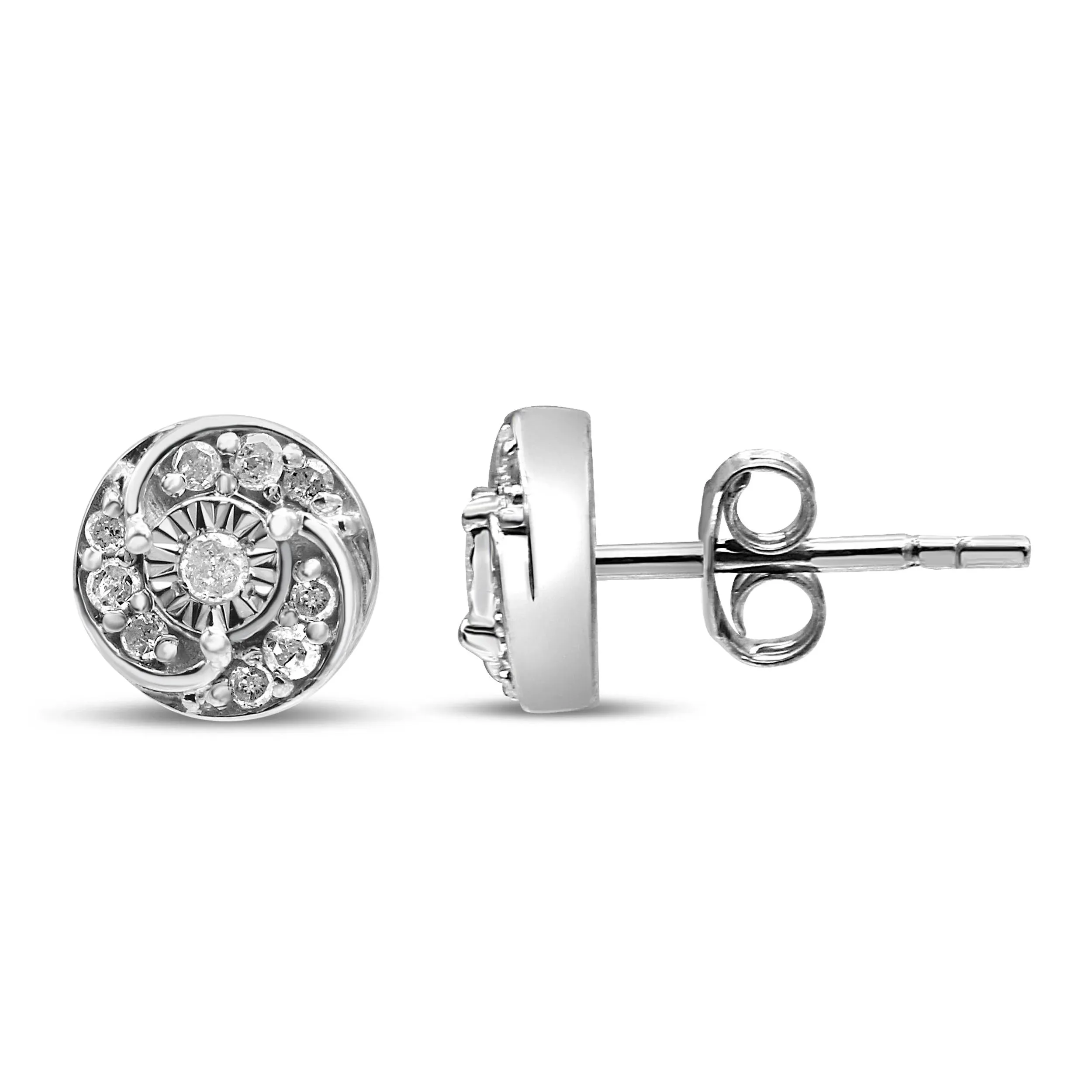 .925 Sterling Silver 1/4 Cttw Round Diamond Spiral Halo Cluster Stud Earrings (I-J Color, I2-I3 Clarity) - 2 Pieces