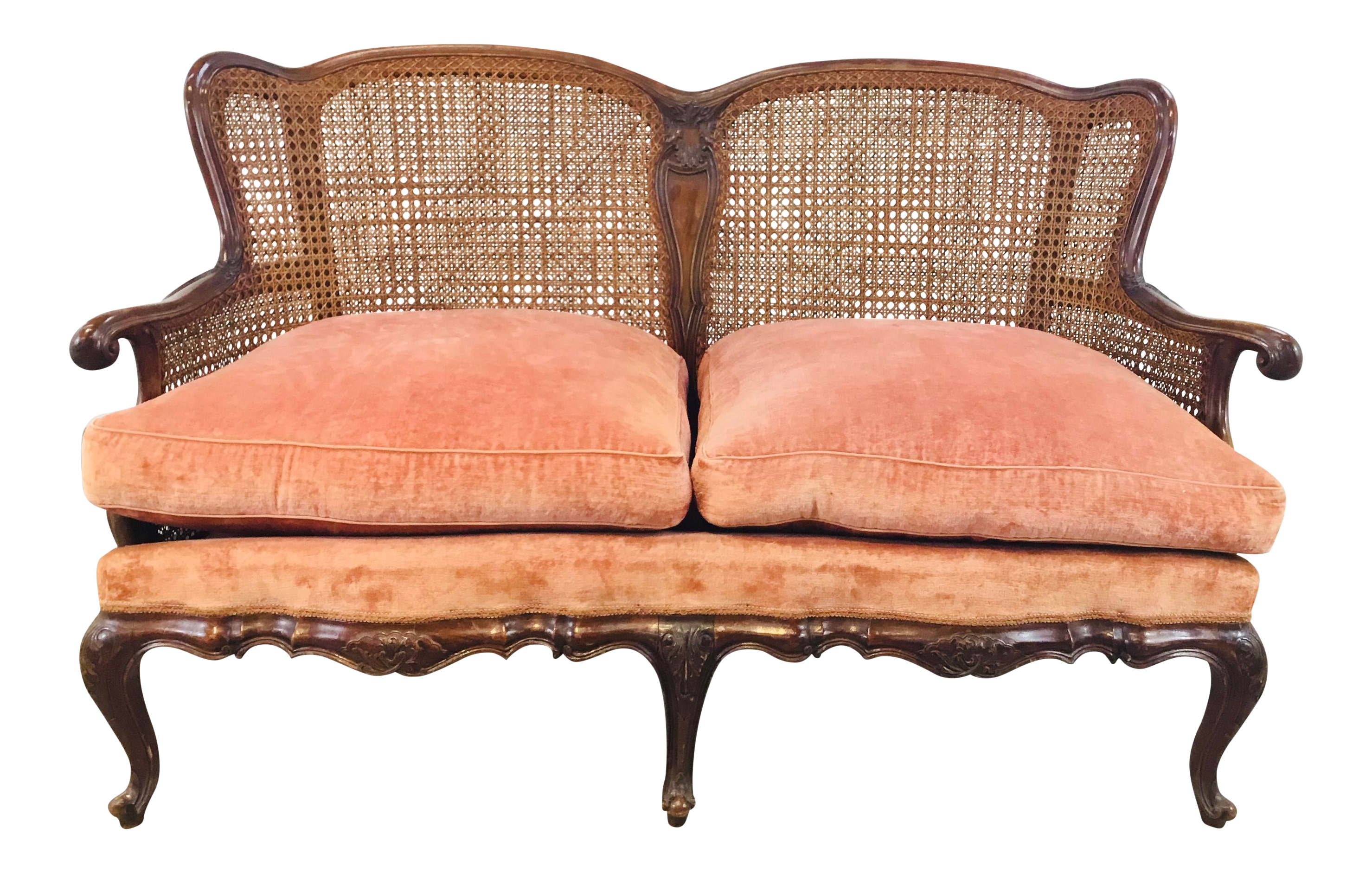 Blush Velvet Antique Cane Wood Settee Chairish