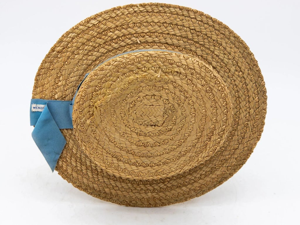 Vintage Natural Straw Pale Blue Ribbon Bow Boater Hat, the 