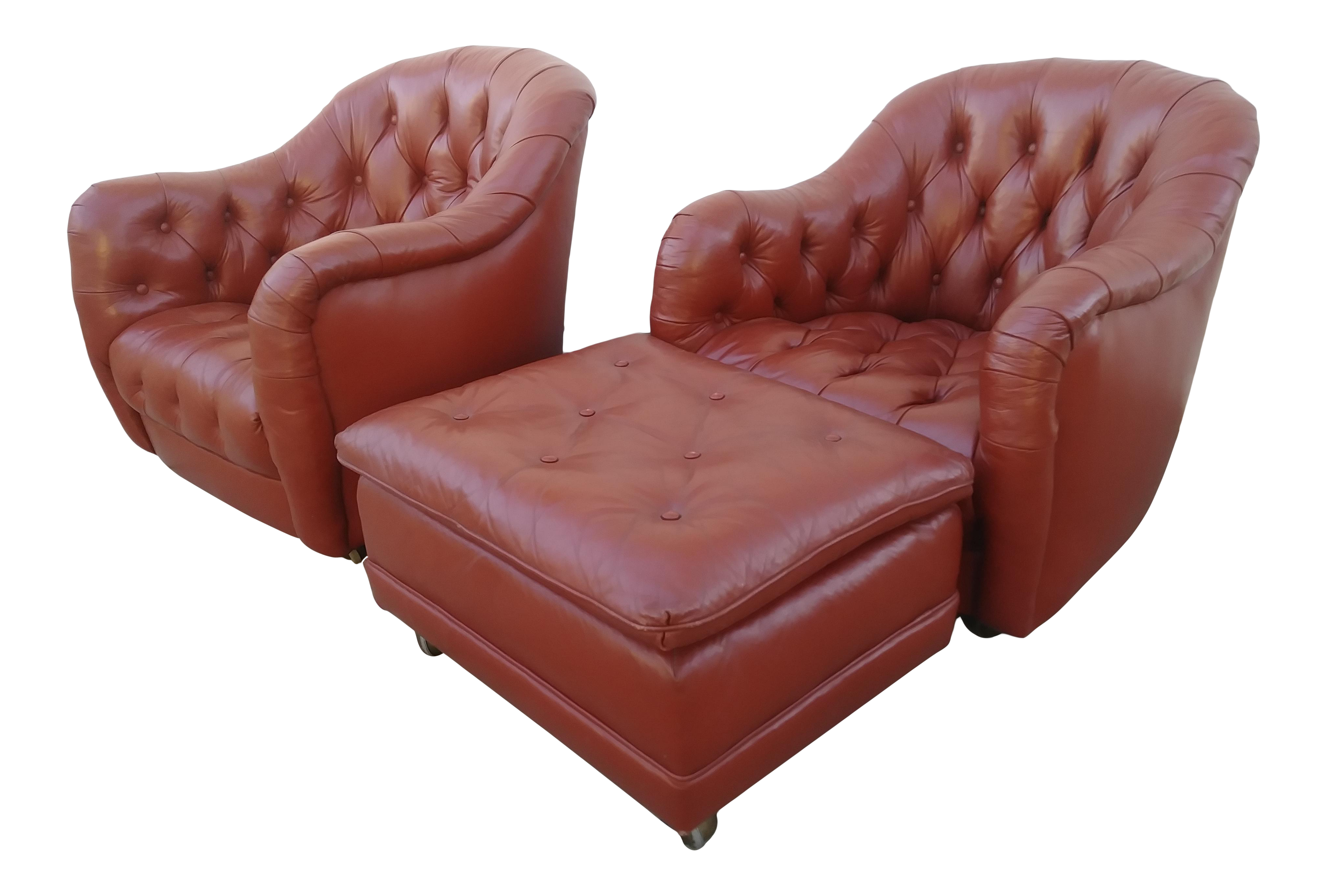 Vintage Mid Century Italian Tufted Leather Chairs Ottoman 3