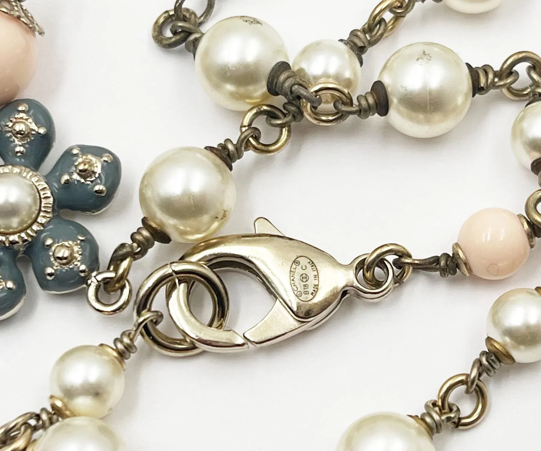 Chanel Gold CC Pastel Blue Pink Flower Faux Pearl Necklace
