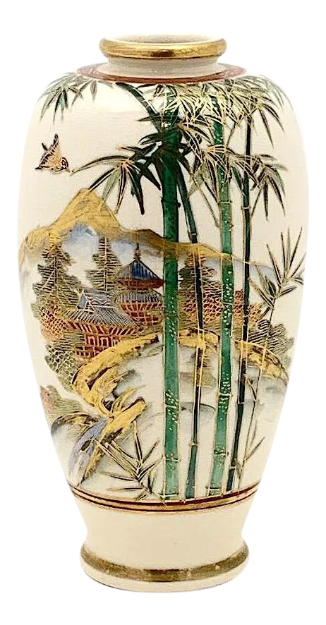 Antique Japanese Satsuma Vase With Gilt, Mount Fuji, Village Scene