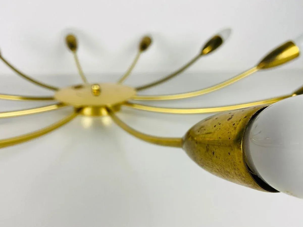Large Brass 10-Arm Sputnik Chandelier, 1950s