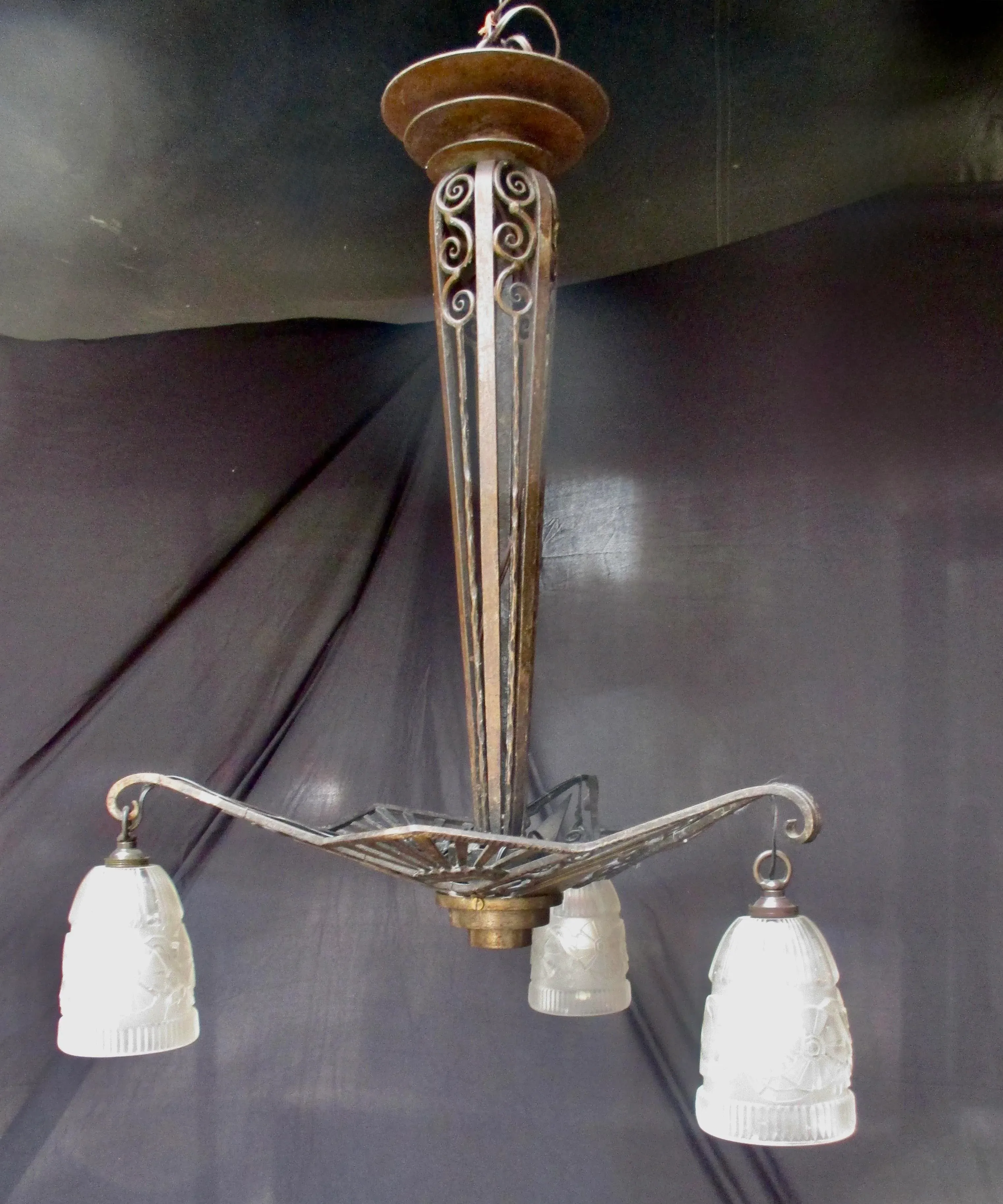 Art Deco IronFrench Three Light Chandelier 1930s\'