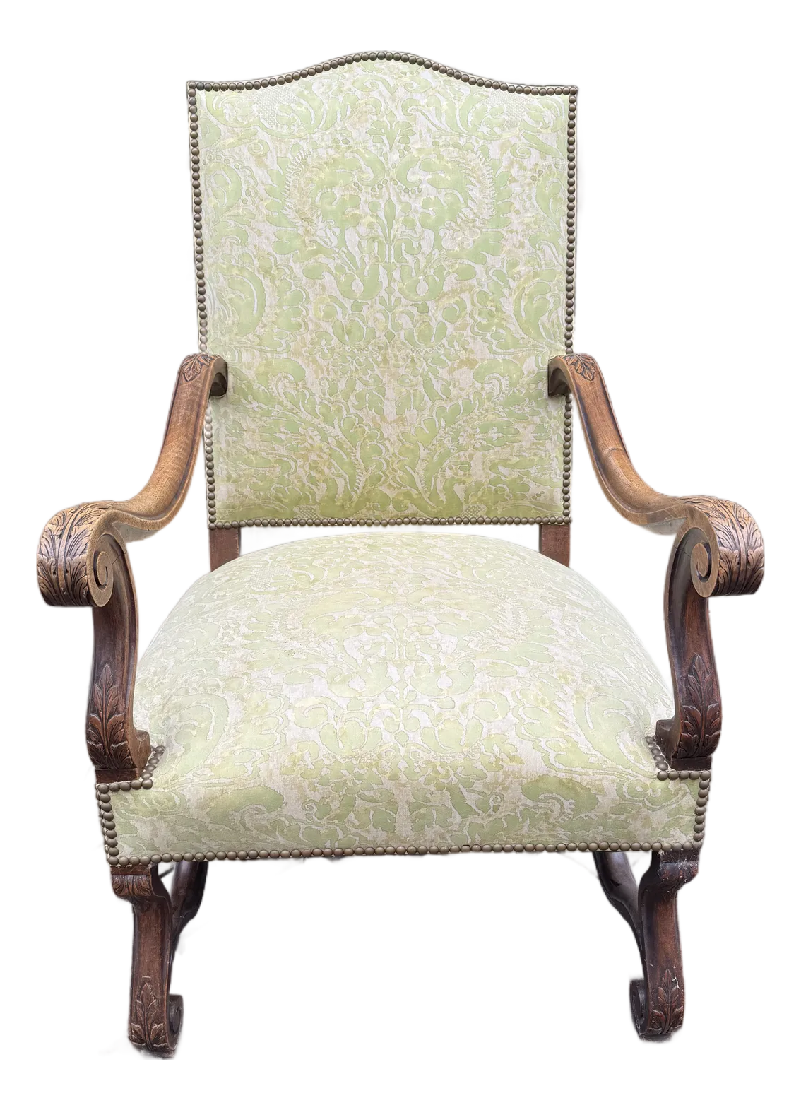 Antique Os De Mouton Chair in Green Fortuny Fabric