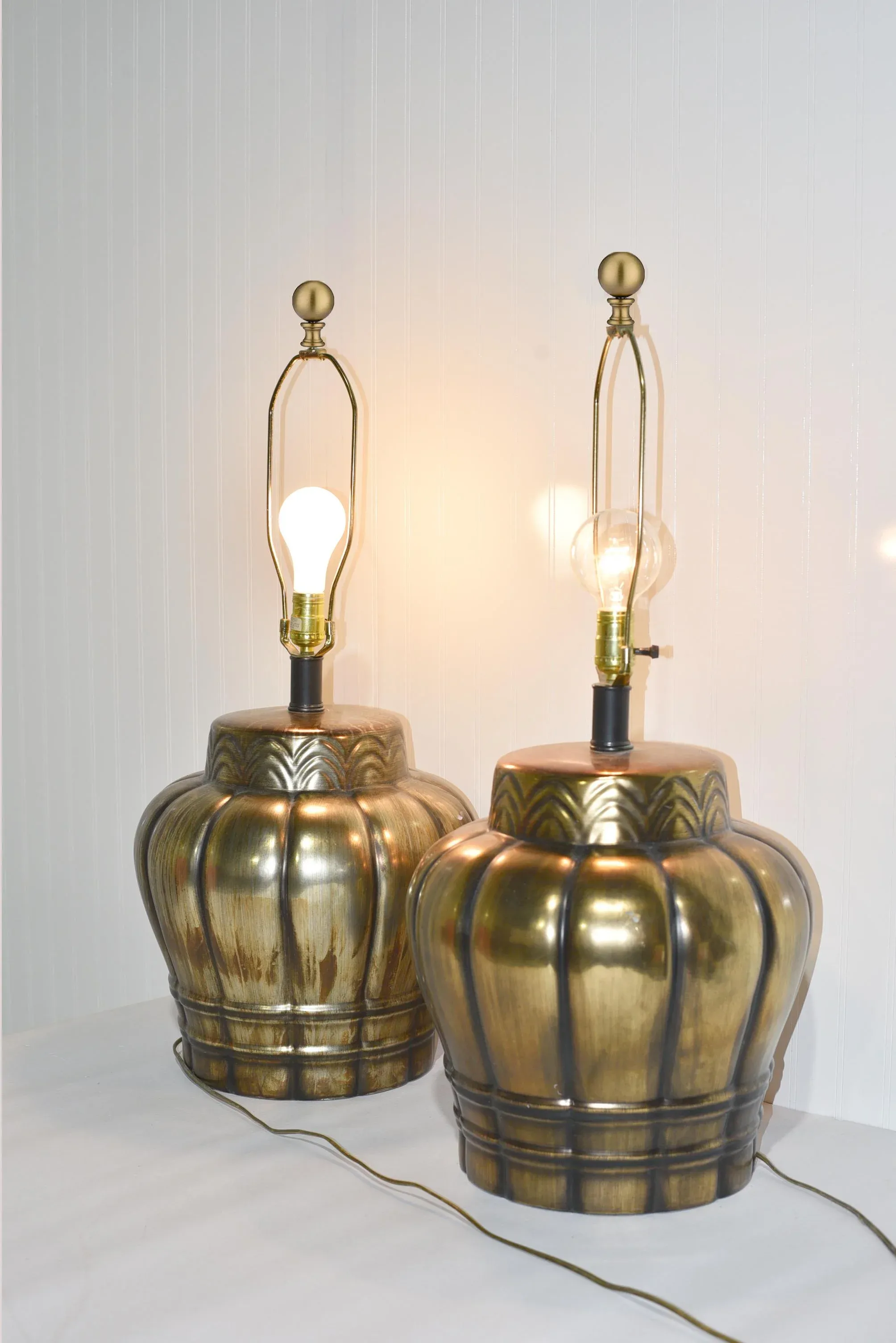 Mid Century Gold Ceramic Large Vase Lamps - a Pair