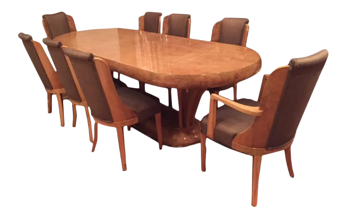 Art Deco Burl Walnut Dining Room Set Consisting of Table and Eight