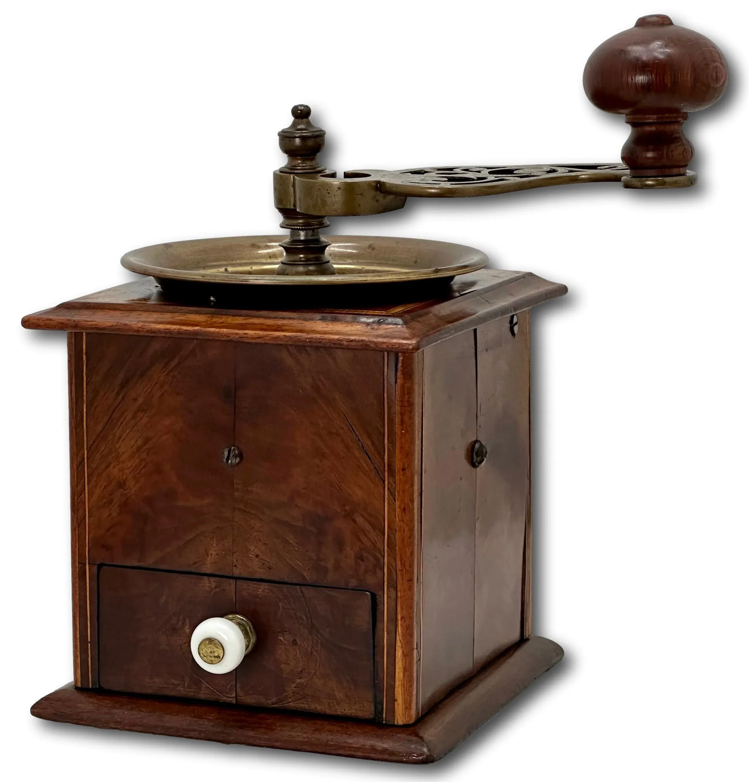 Beautifully Made Antique Mid 1800s Brass With Burl Mahogany & Exotic Wood  Inlay Coffee Grinder - Mill