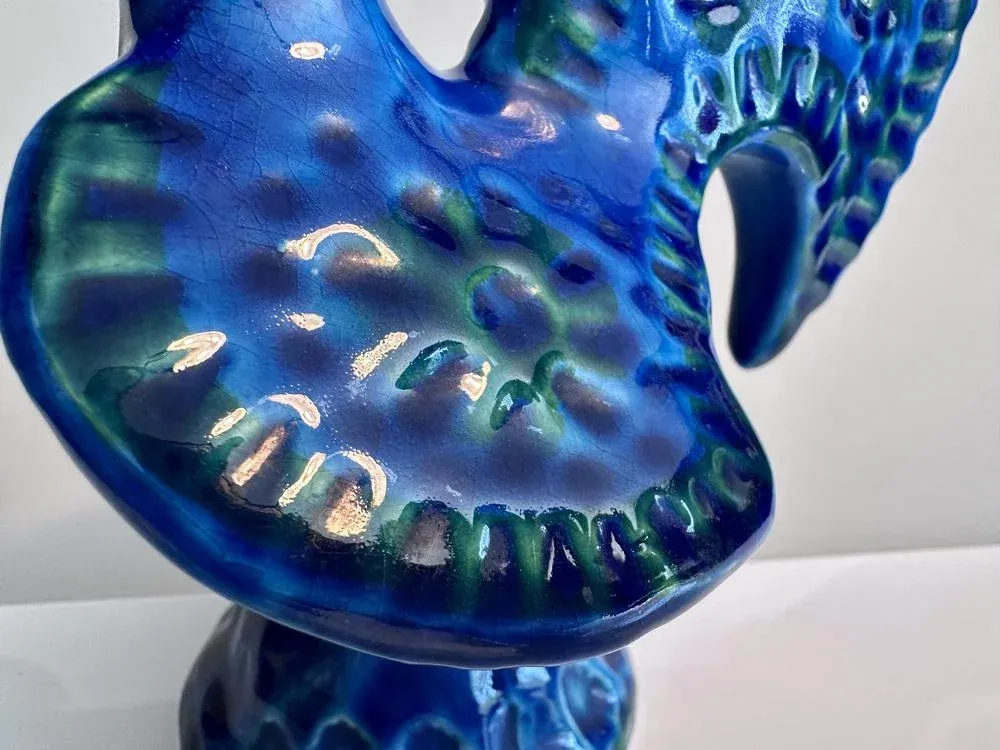 Glazed Ceramic Rimini Blu Rooster Figurine by Aldo Londi for