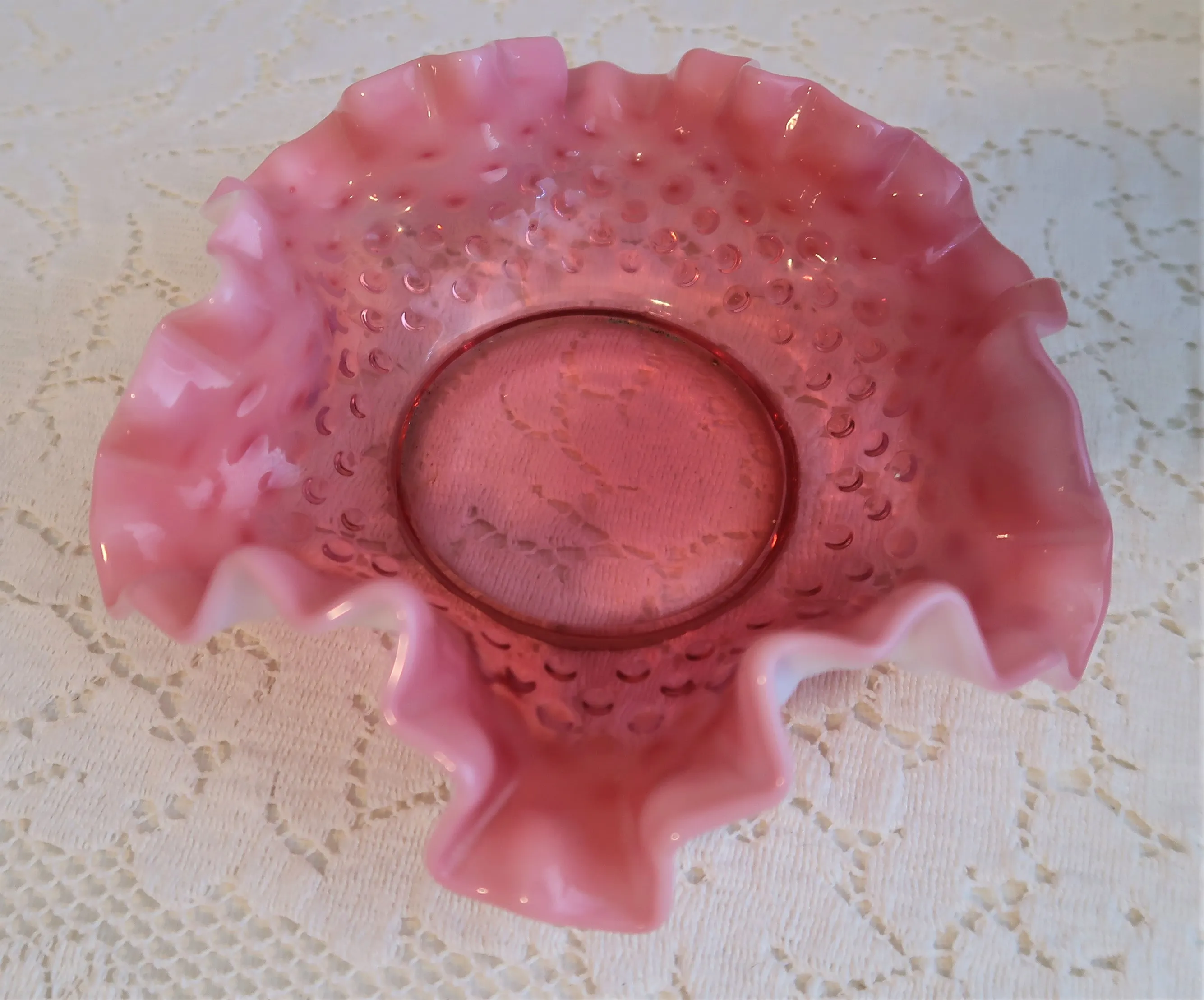Vintage Fenton Cranberry Opalescent Ruffled Edge Hobnail Bowl