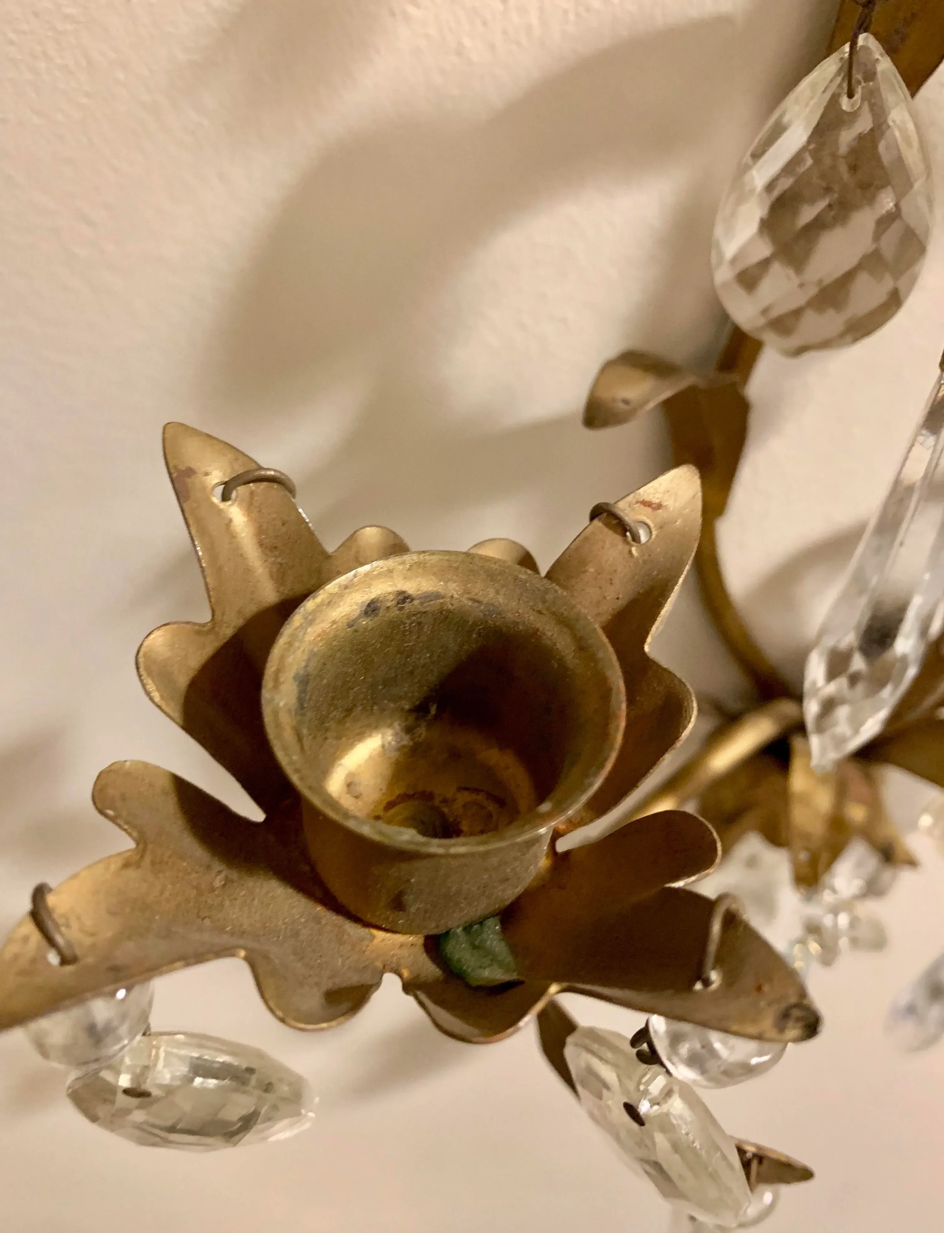 Crystal and Painted Gold Leaf 2 Arms Candle Sconces - a Pair