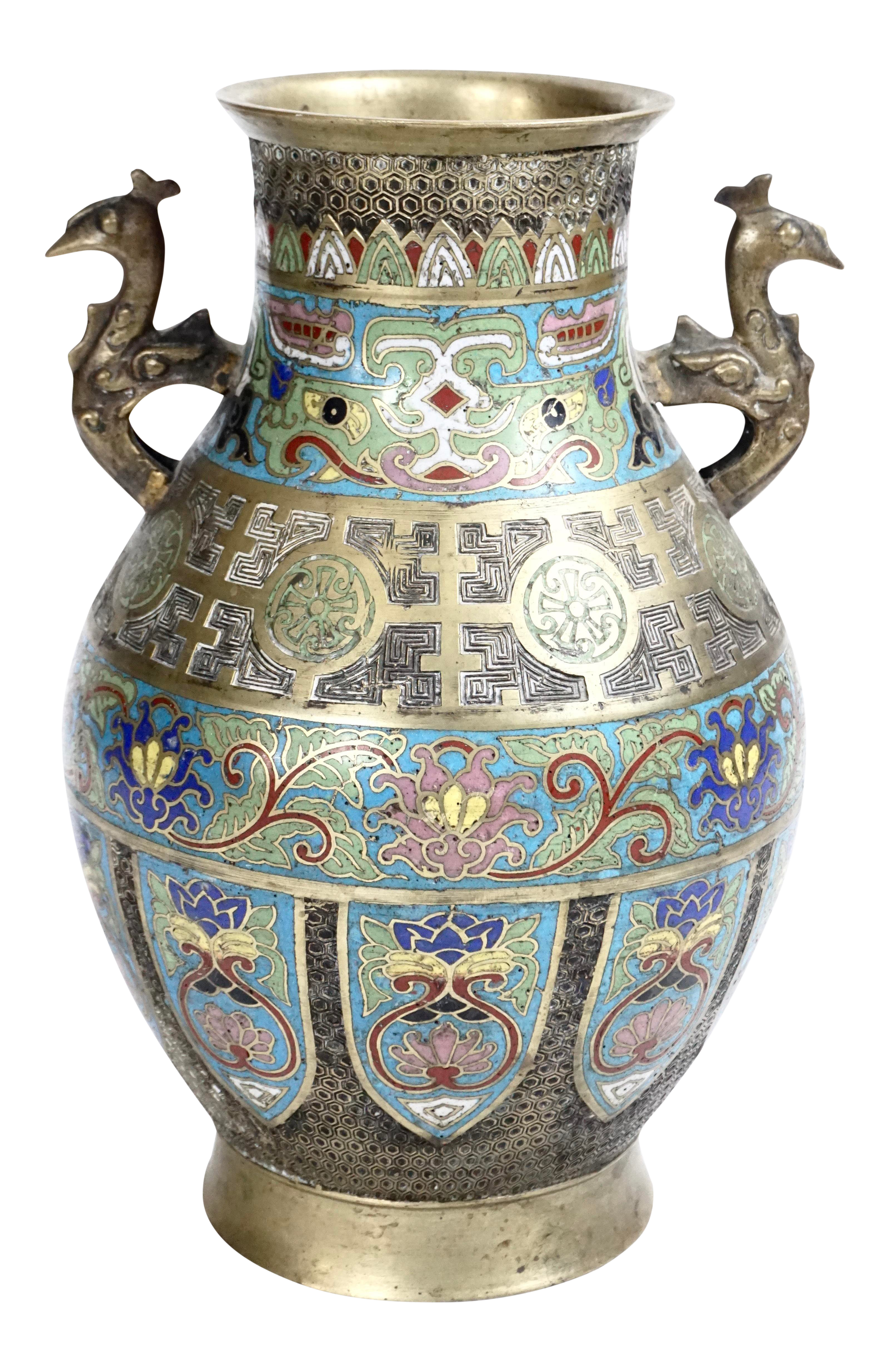 Stately Antique Cloisonne Vase Urn Large Meiji Period Colorful