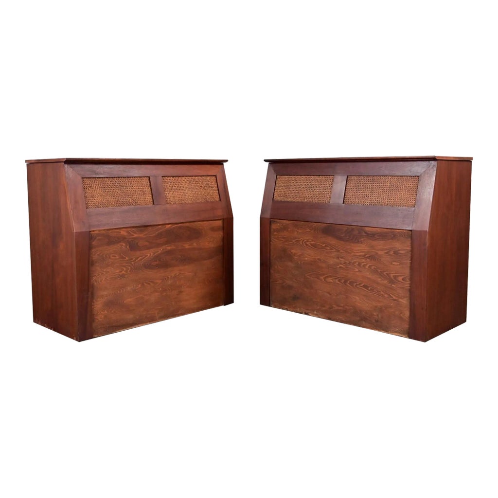 Image showcasing Mid-20th Century Mid-Century Modern Walnut & Cane Flip Top Storage Twin ...