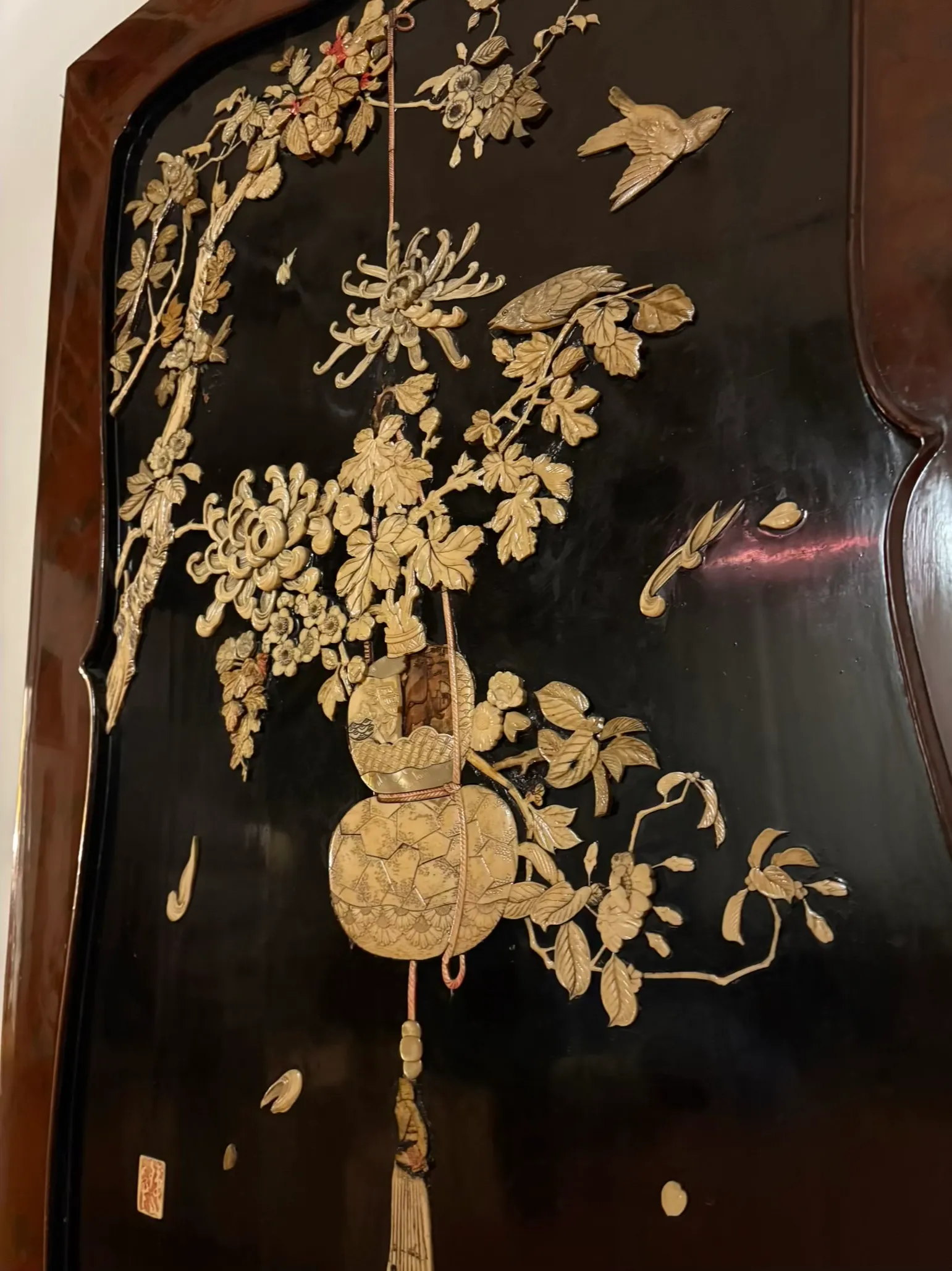 Japanese Lacquer Wall Panel With Chrysanthemum and Bird Relief