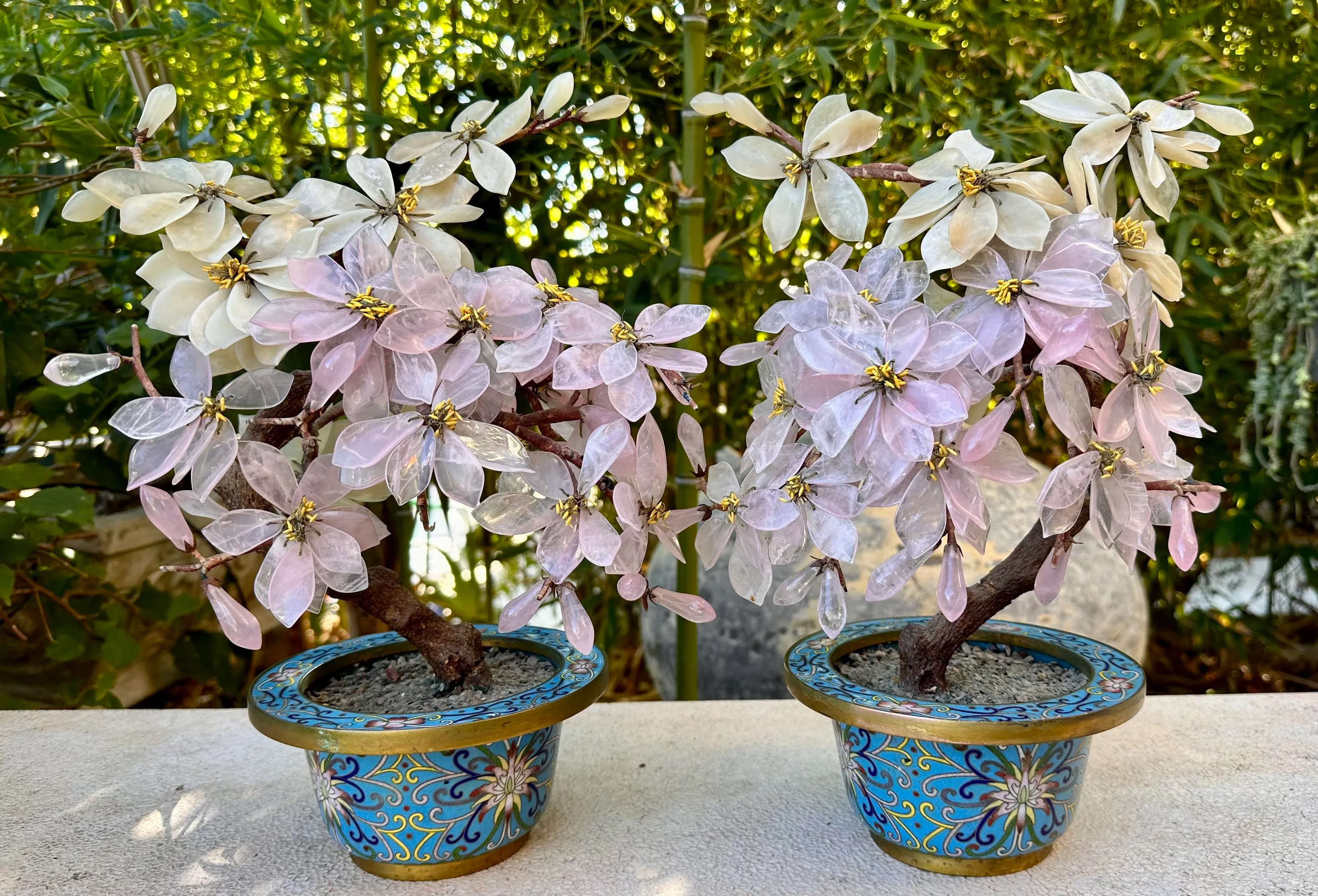 Pair of Antique Chinese Jade Stone Bonsai Trees Magnolia Blossoms Enamel  Gilt Bronze Cloisonn Planters