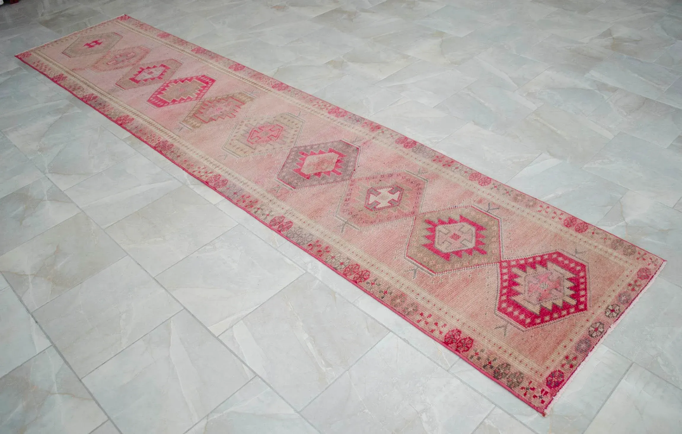Hand-Knotted Turkish Runner Rug . Low Pile Hallway Decor Runner Rug 2′9″ × 12′10″12 wooden toddler puzzels