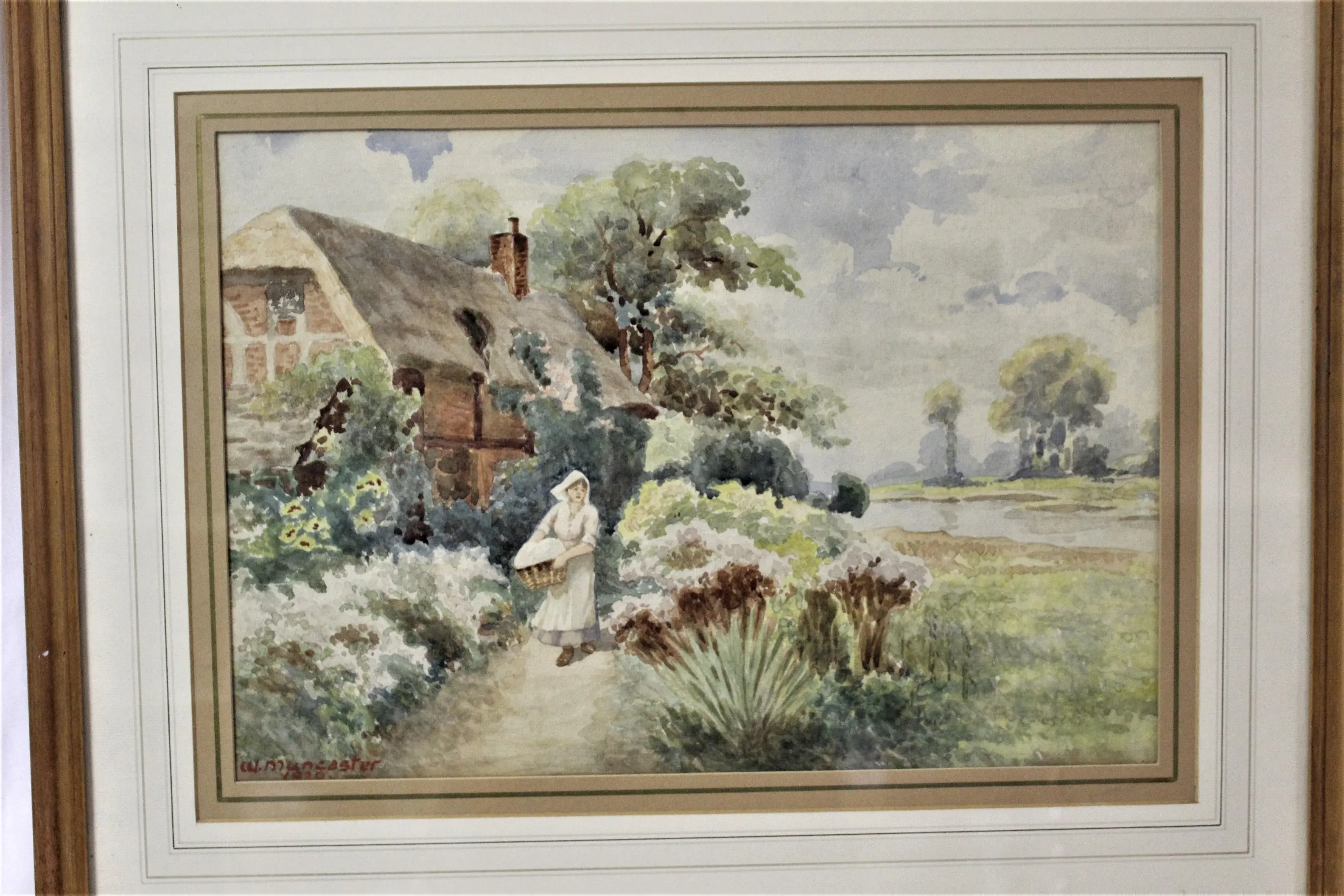 Antique W. Muncaster English Country Scene Watercolor, Framed and Signed, image size:3456x2304