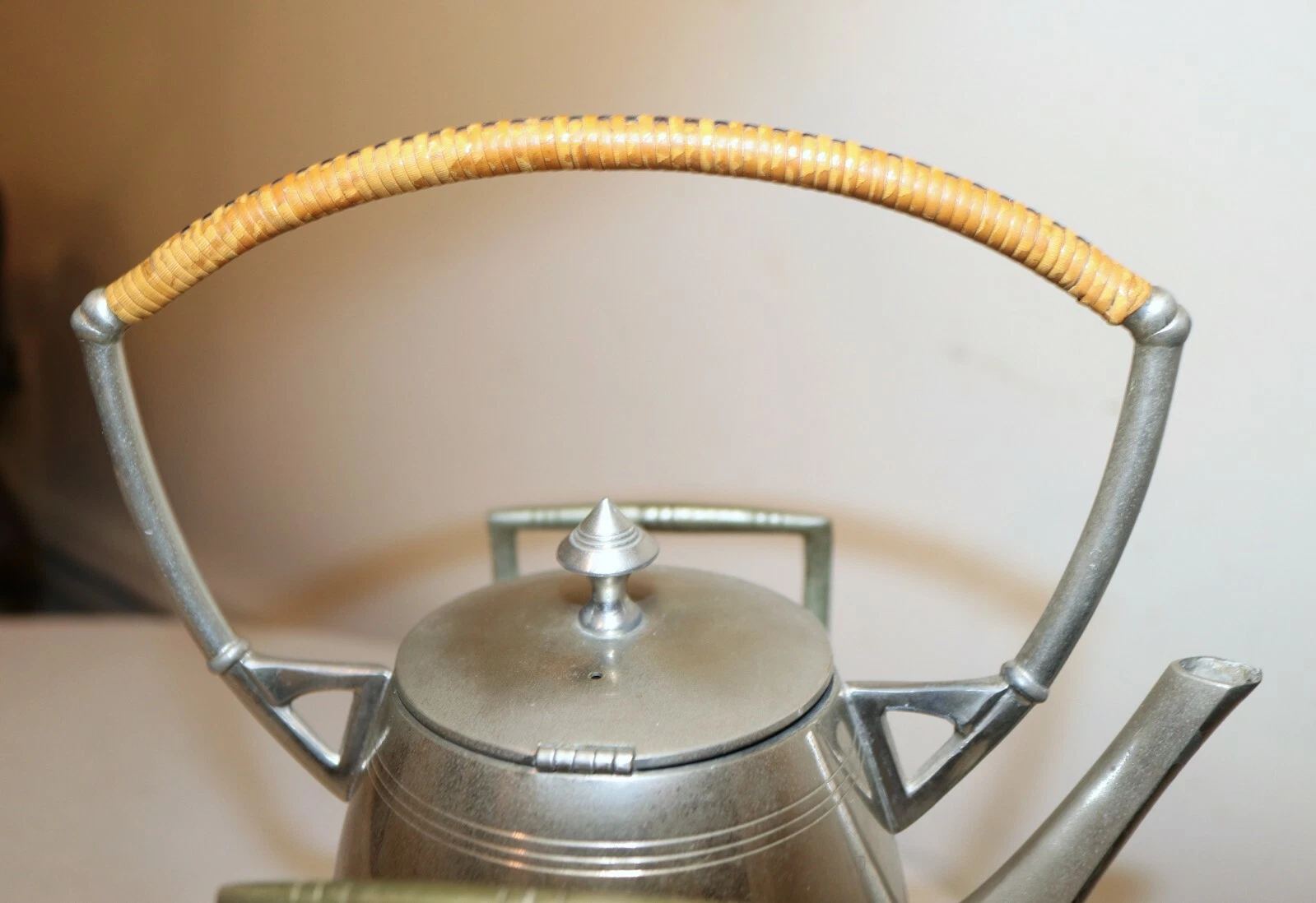 Antique Art Deco Wicker Wrapped Nickel Plate Tea Set Kettle Dispenser Stand Set
