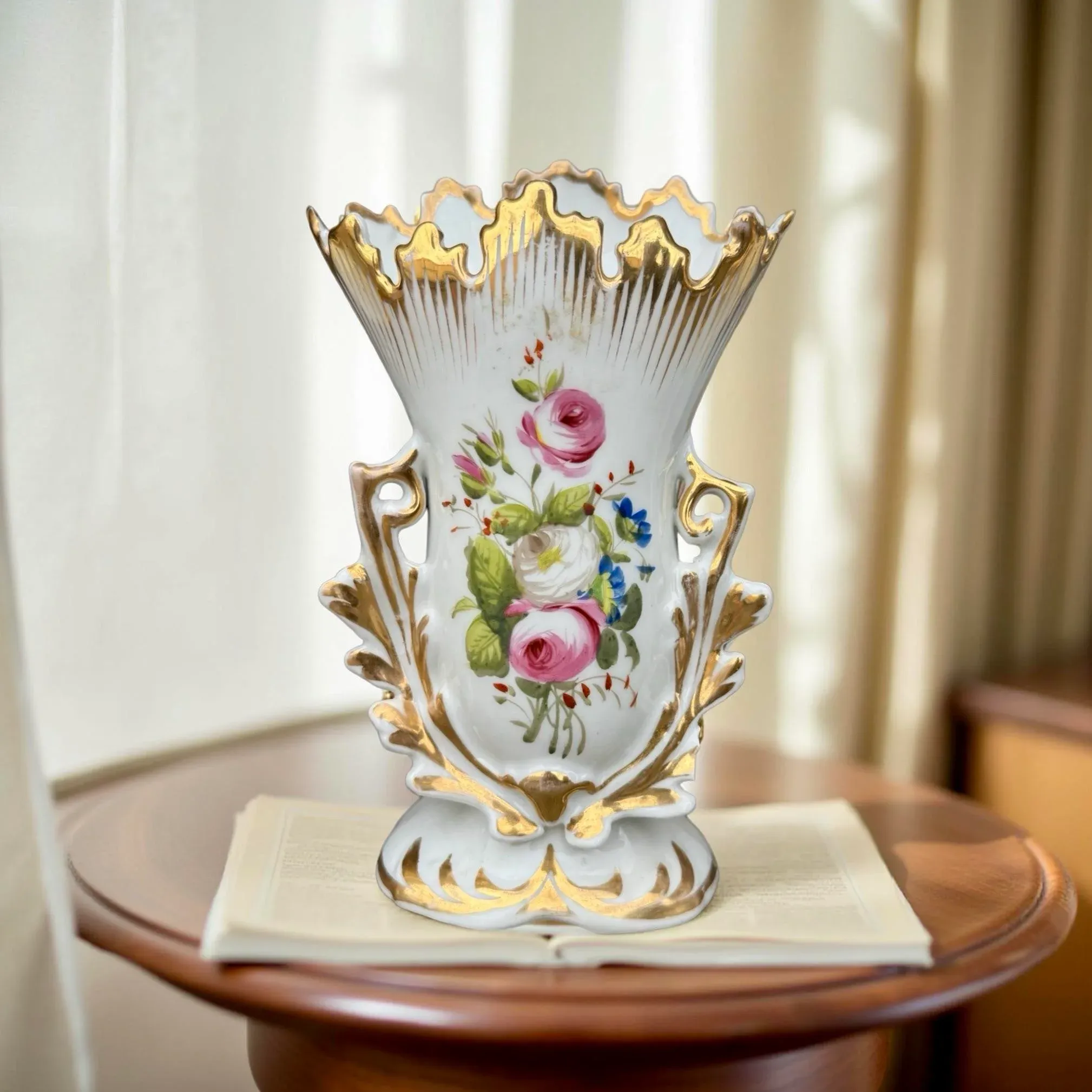 Antique French Paris Porcelain Spill Vase With Hand-Painted Floral