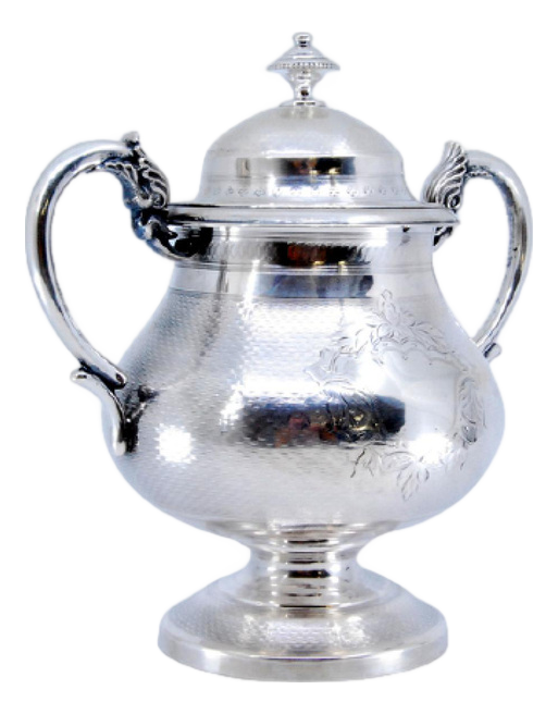 Guilloche Silver Sugar Bowl in with Engravings and Monogram Card, Lid and Handles with Mythological Motifs