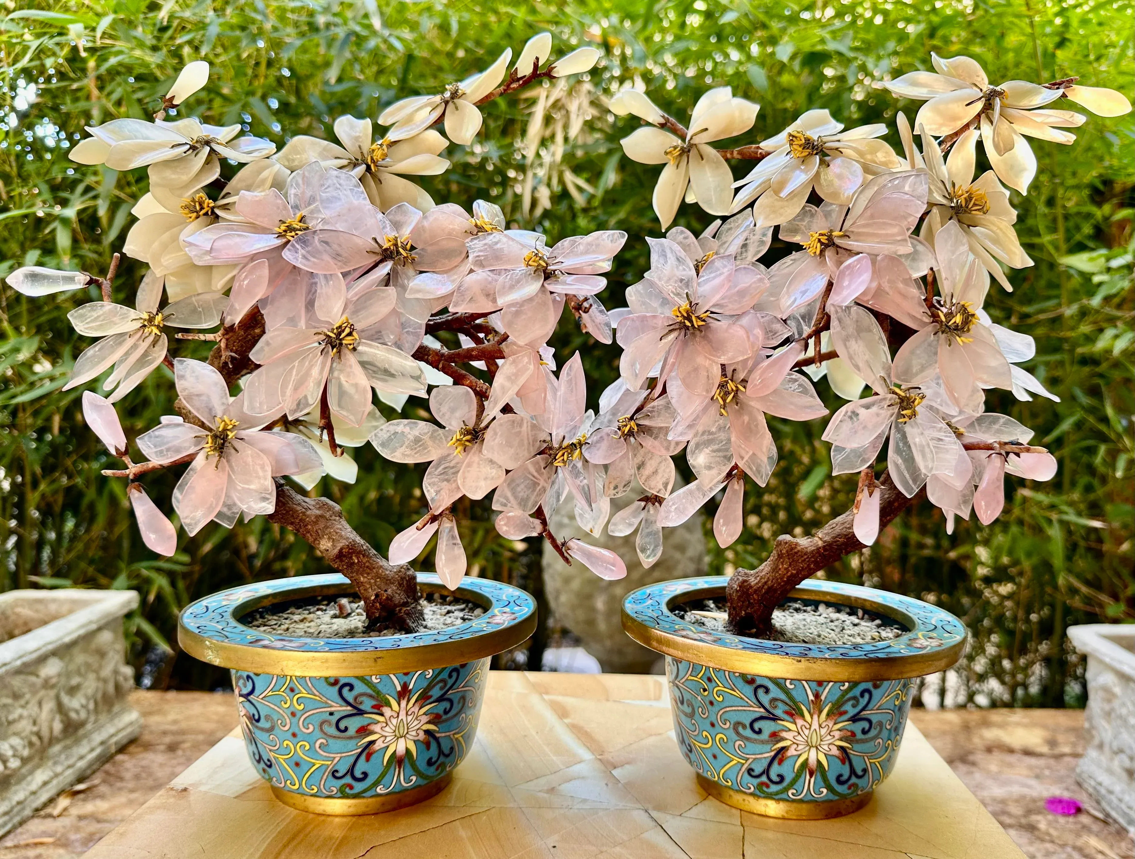 Pair of Antique Chinese Jade Stone Bonsai Trees Magnolia Blossoms Enamel  Gilt Bronze Cloisonn Planters