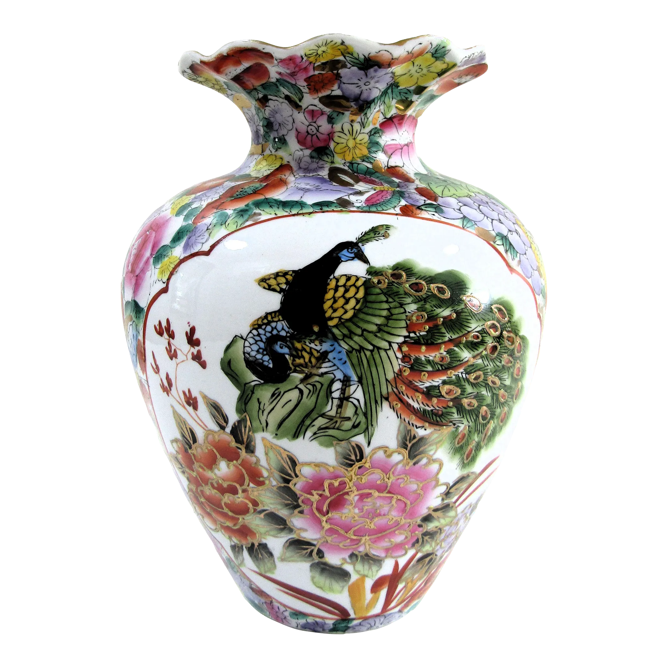 Vintage Chinoiserie Hand Painted Famille Rose Peacock Porcelain Vase