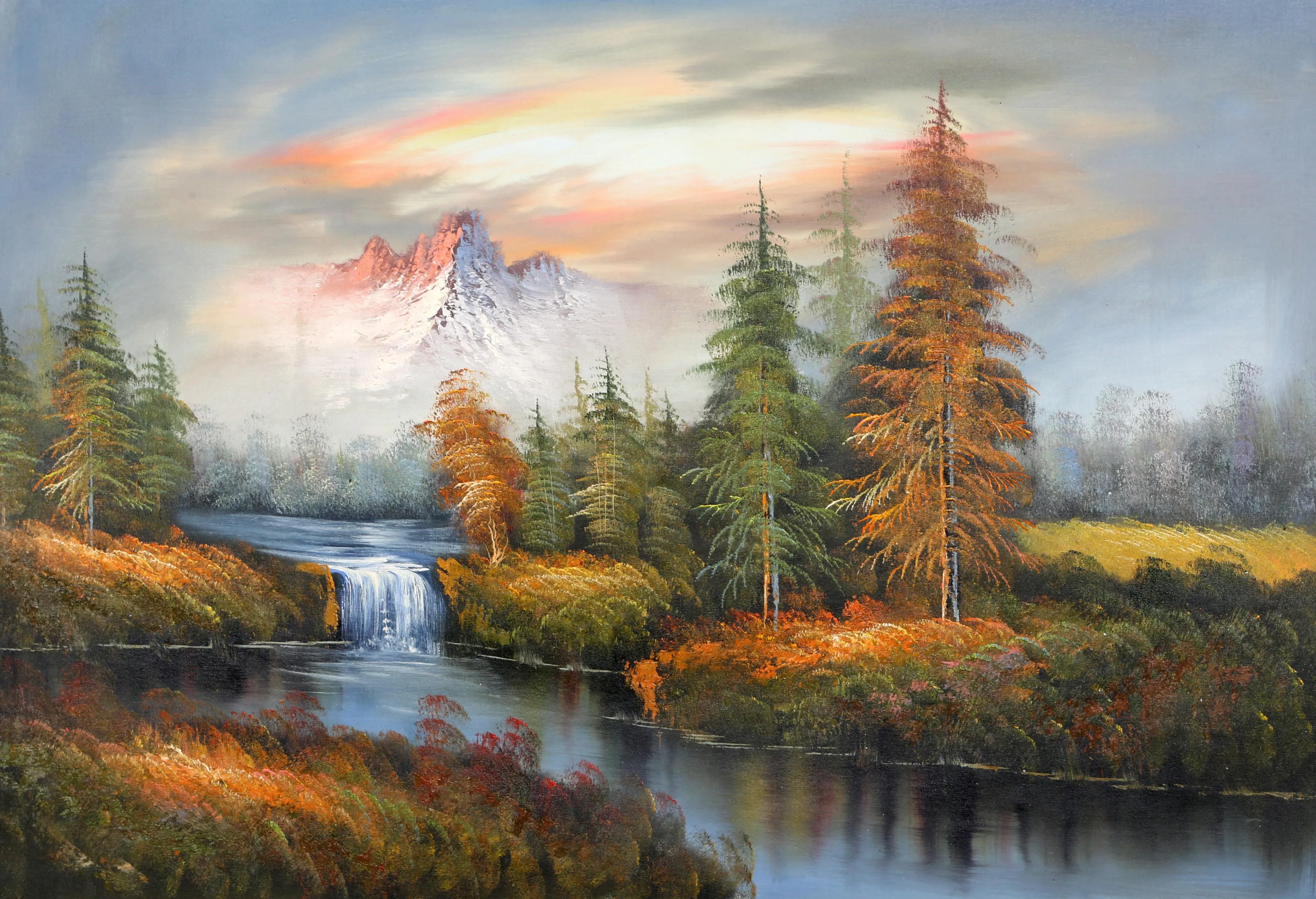 Mountain Landscape With Waterfall (102), Shumu Fu Oil on