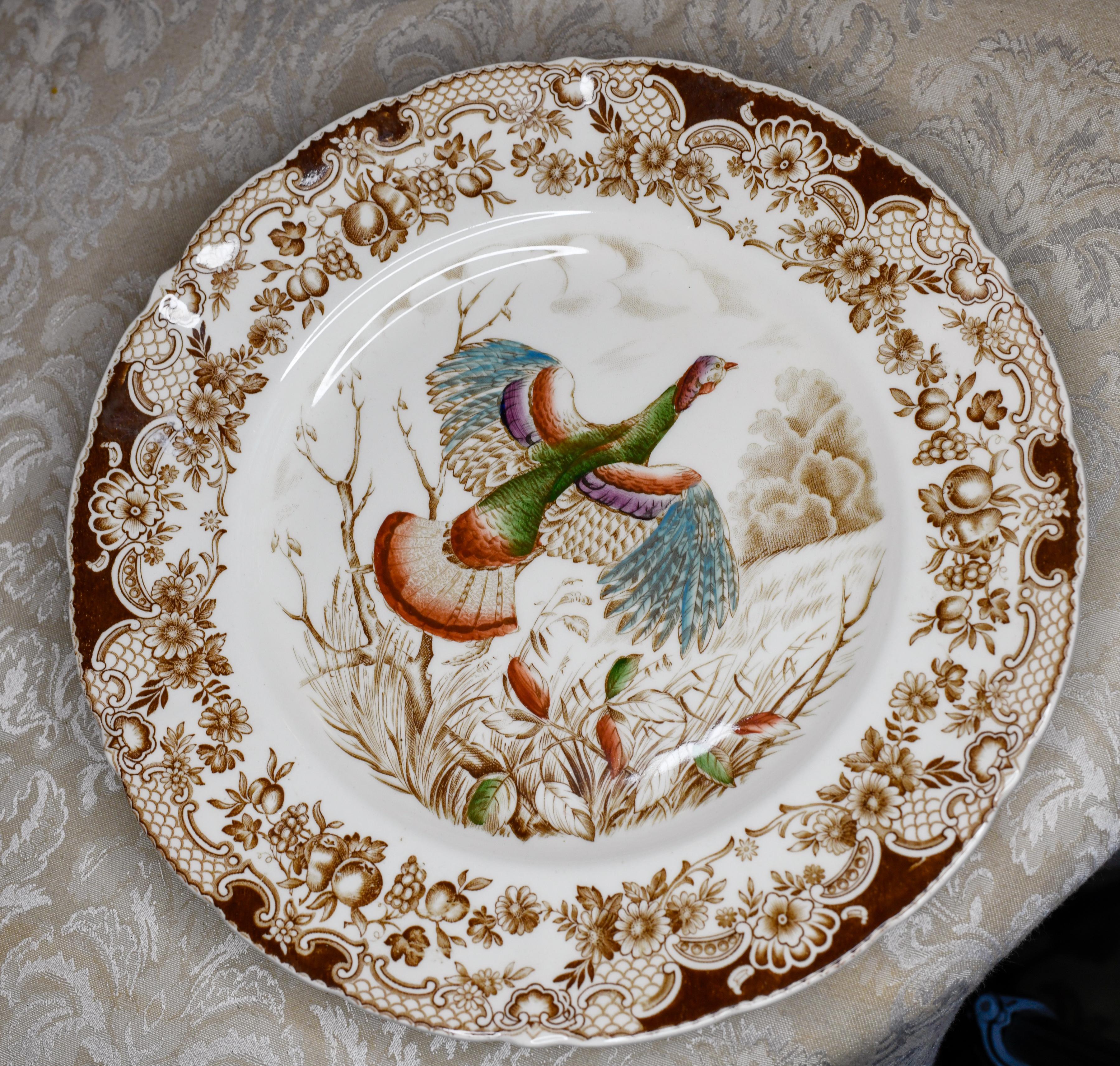 1950s Polychrome Wild Turkey Transferware Dinner Plate by Johnson