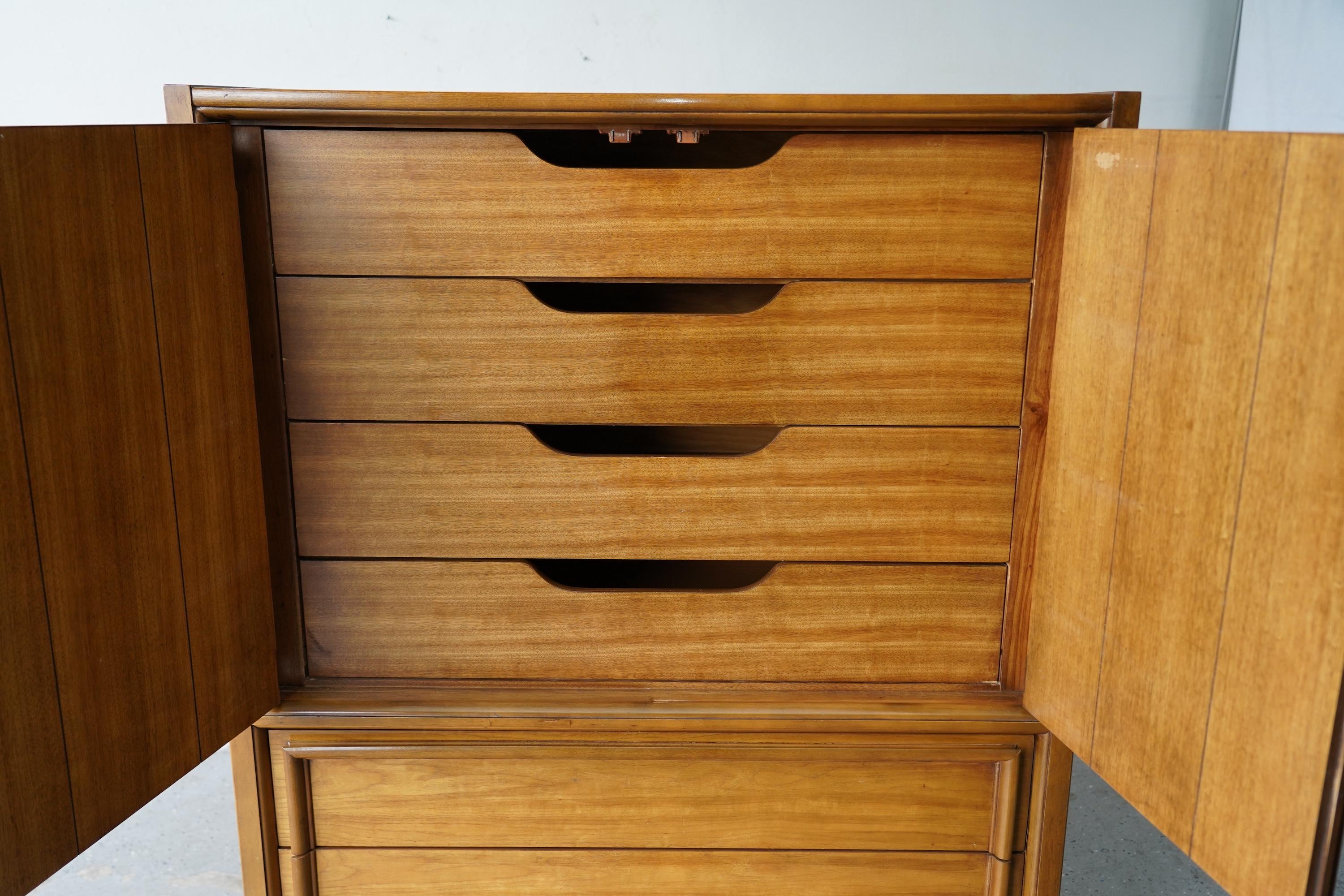 1960s Thomasville Mid-Century Modern Walnut & Cane Gentleman's Chest /  Highboy Dresser