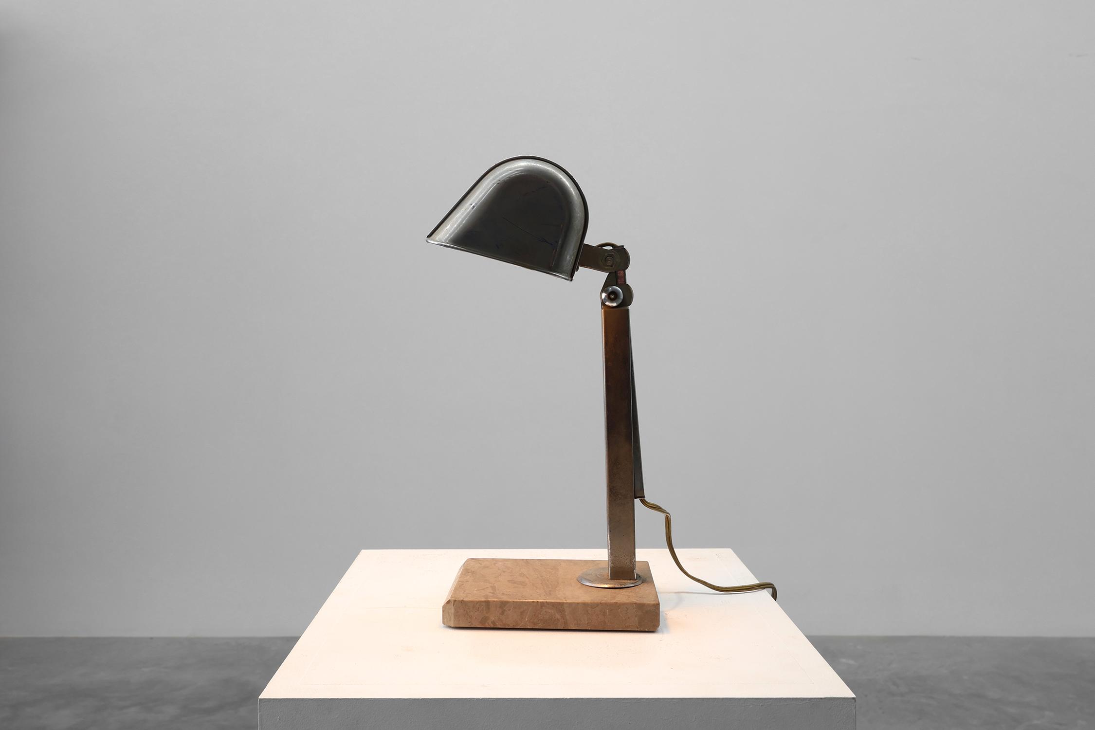 Art Deco Industrial Metal and Travertine Desk Lamp, Belgium, 1930s