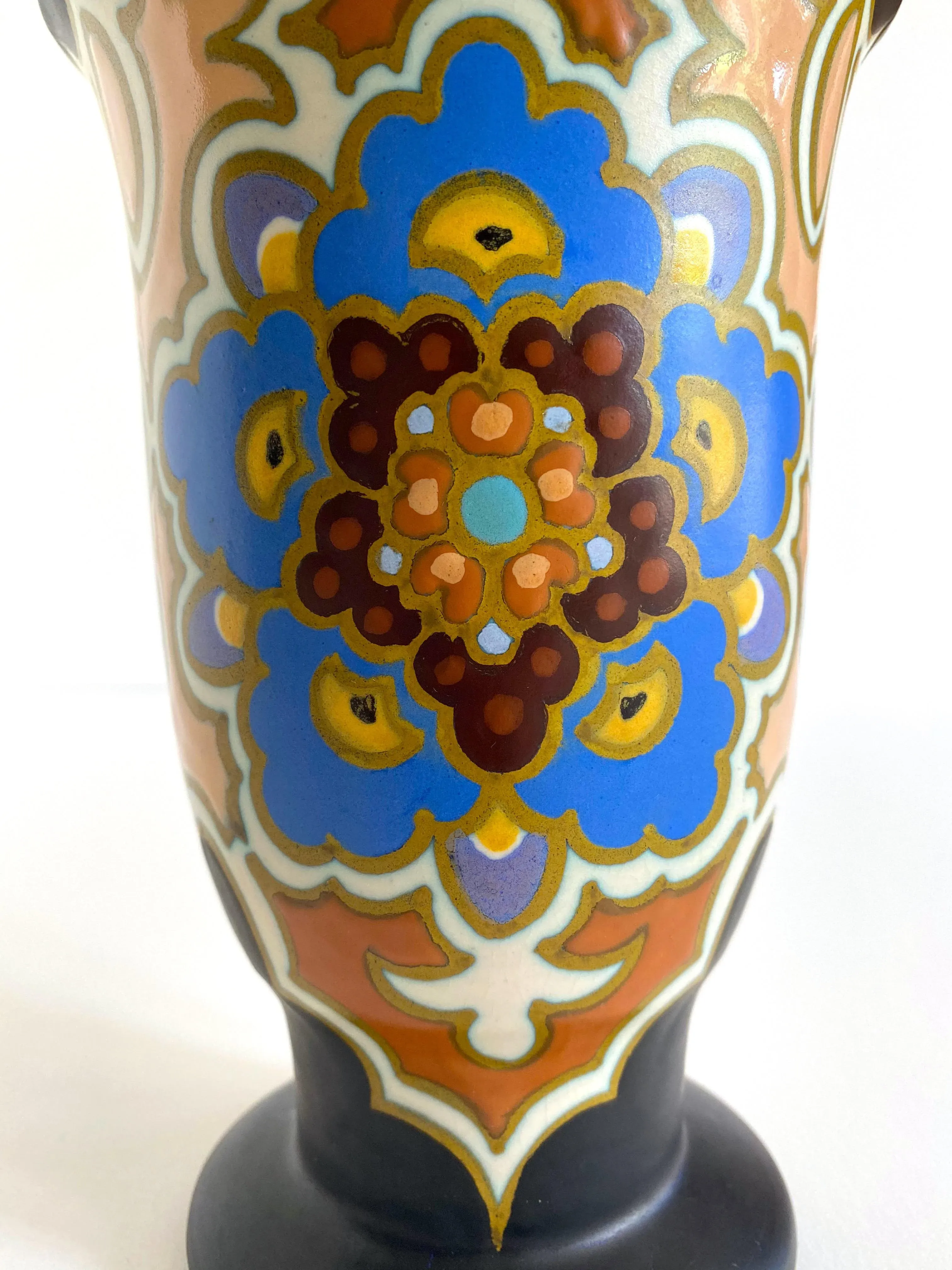 ビンテージgouda pottery Holland flower base Gouda Holland Vintage 1920's Art Nouveau Hand Painted Floral