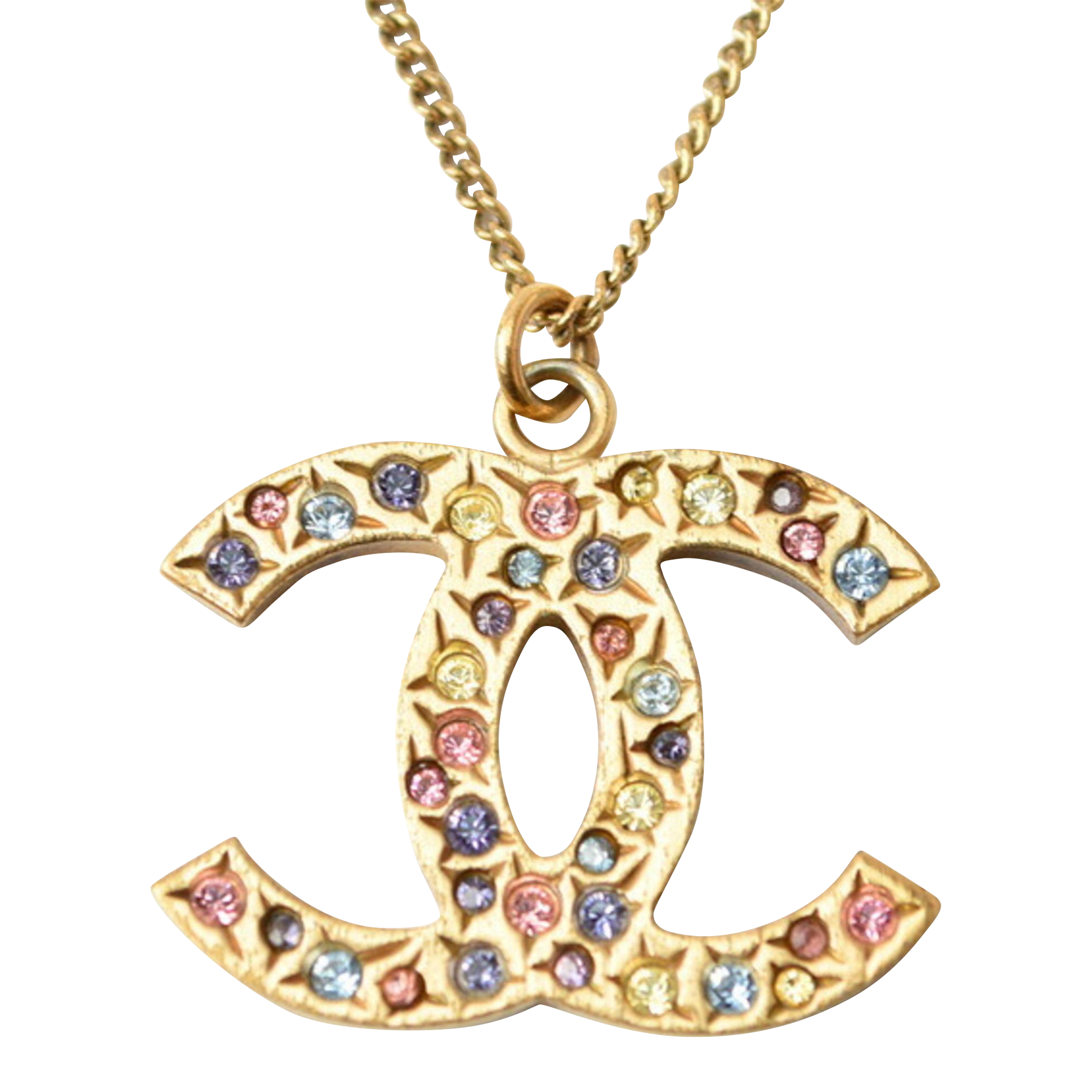 Chanel Necklace Pendant Here Mark Cc Rhinestone Gold Multi